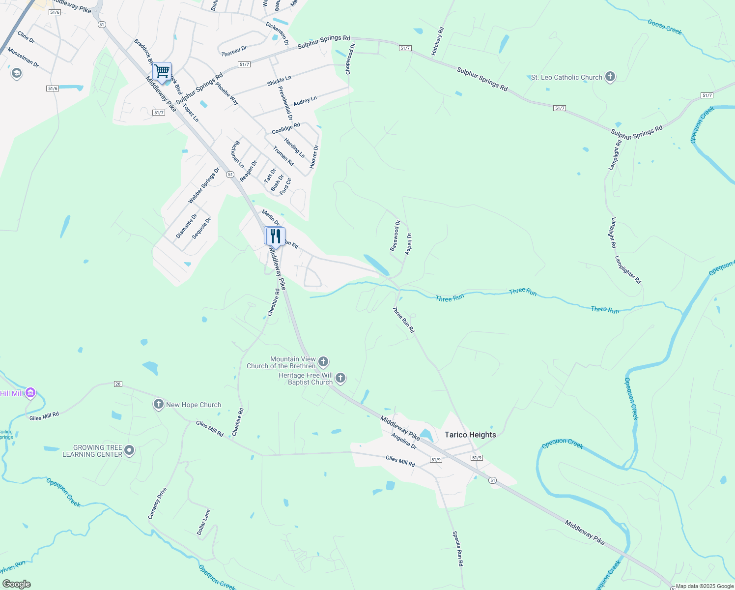 map of restaurants, bars, coffee shops, grocery stores, and more near 264 Aspen Drive in Bunker Hill