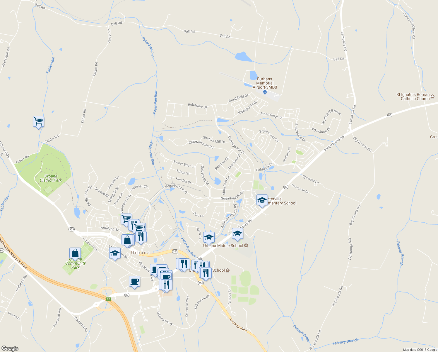map of restaurants, bars, coffee shops, grocery stores, and more near 9314 Penrose Street in Frederick