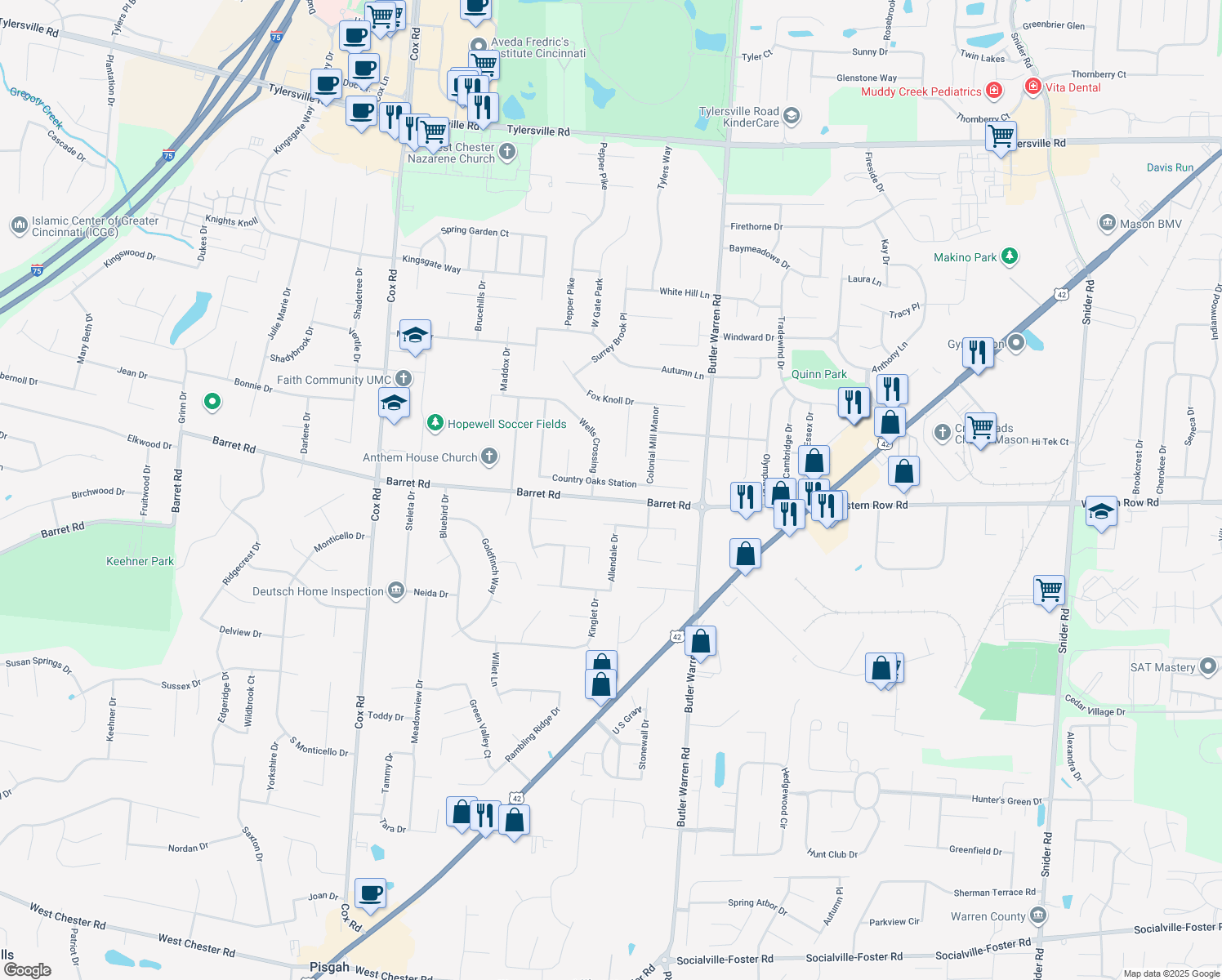 map of restaurants, bars, coffee shops, grocery stores, and more near 8247 Country Oaks Station in Butler County