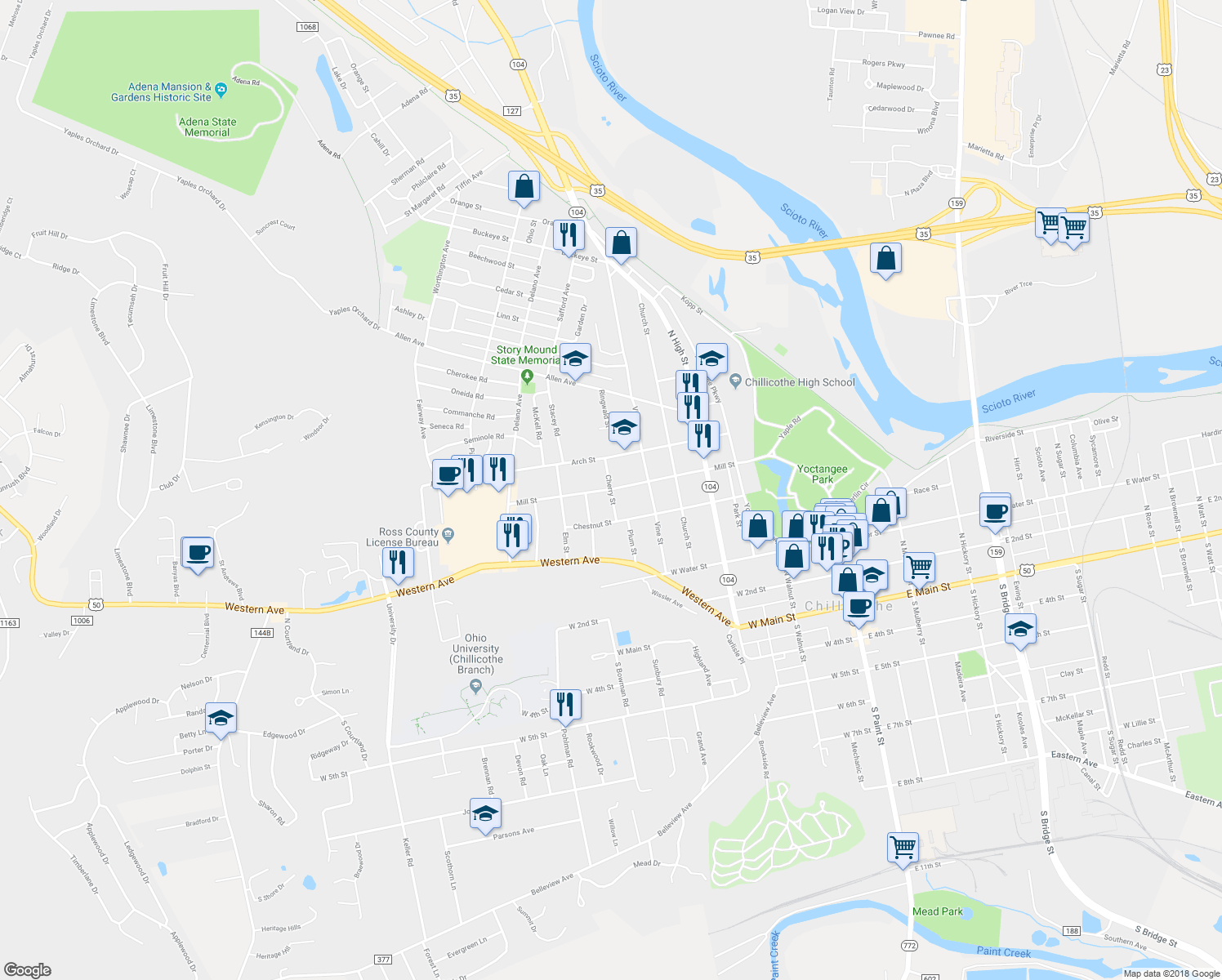 map of restaurants, bars, coffee shops, grocery stores, and more near 398 Mill Street in Chillicothe