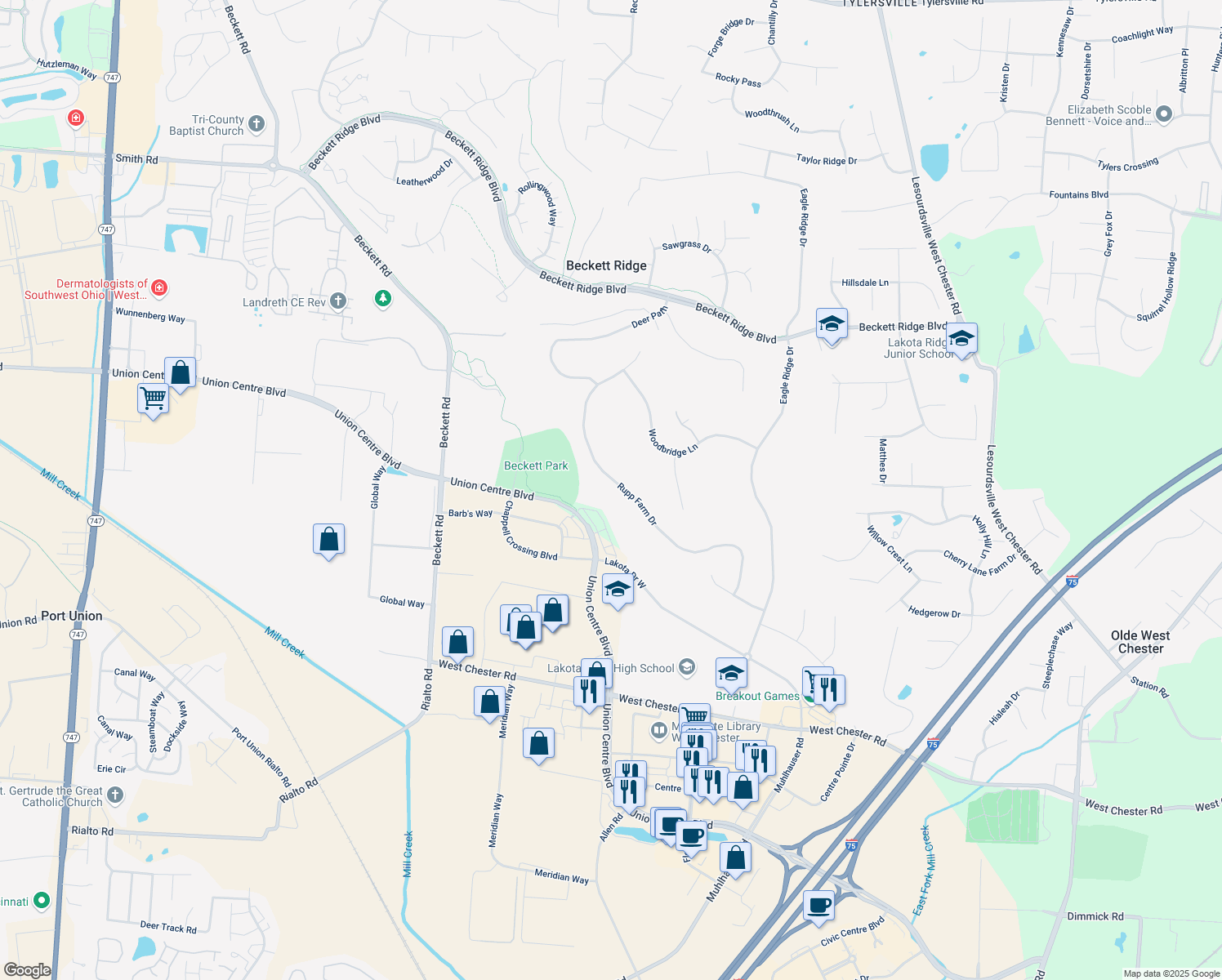 map of restaurants, bars, coffee shops, grocery stores, and more near 8603 Rupp Farm Drive in Beckett Ridge