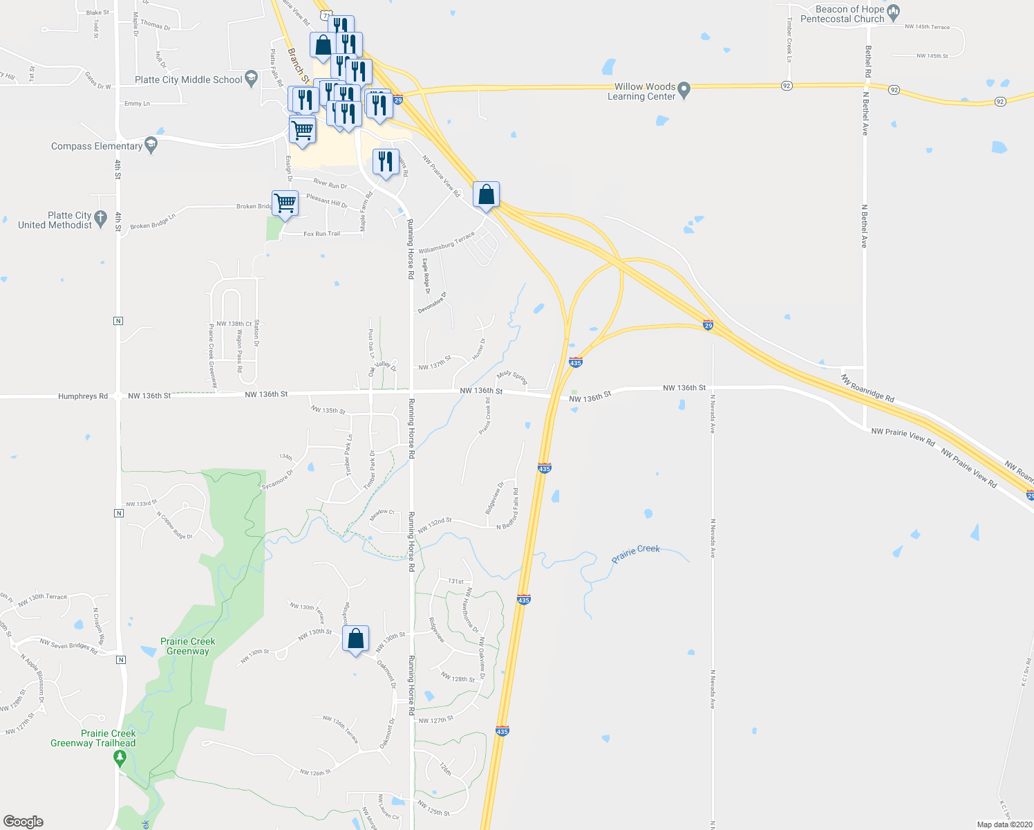 map of restaurants, bars, coffee shops, grocery stores, and more near 15025 Northwest 136th Street in Platte City