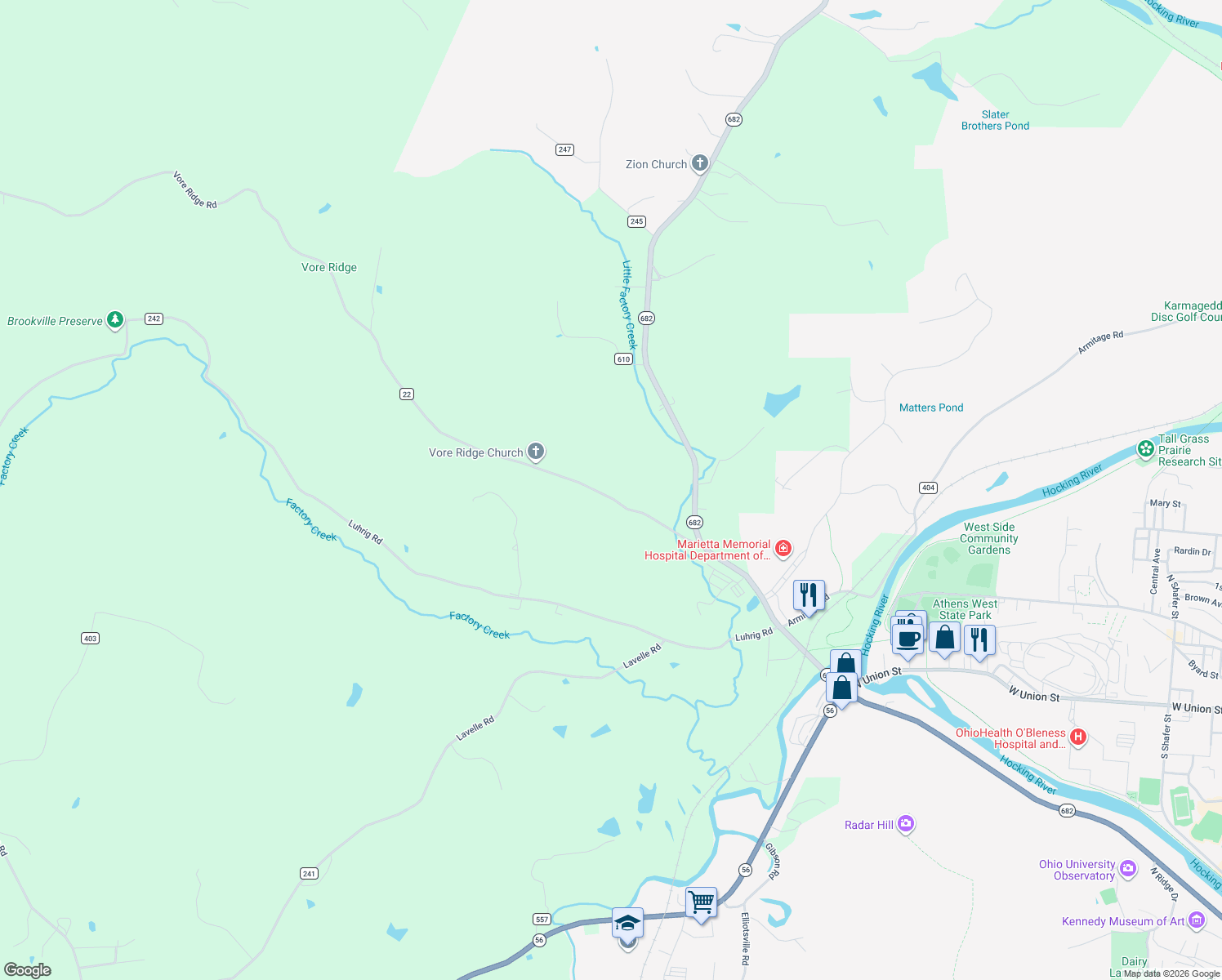 map of restaurants, bars, coffee shops, grocery stores, and more near 8100 Vore Ridge Road in Athens