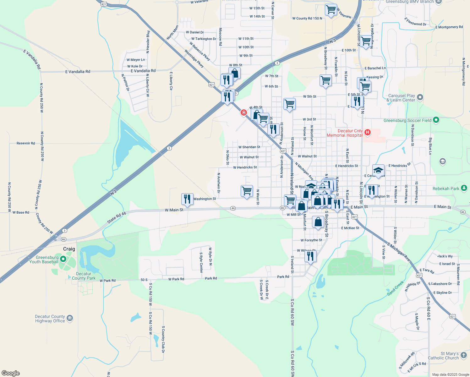 map of restaurants, bars, coffee shops, grocery stores, and more near 808 West Washington Street in Greensburg