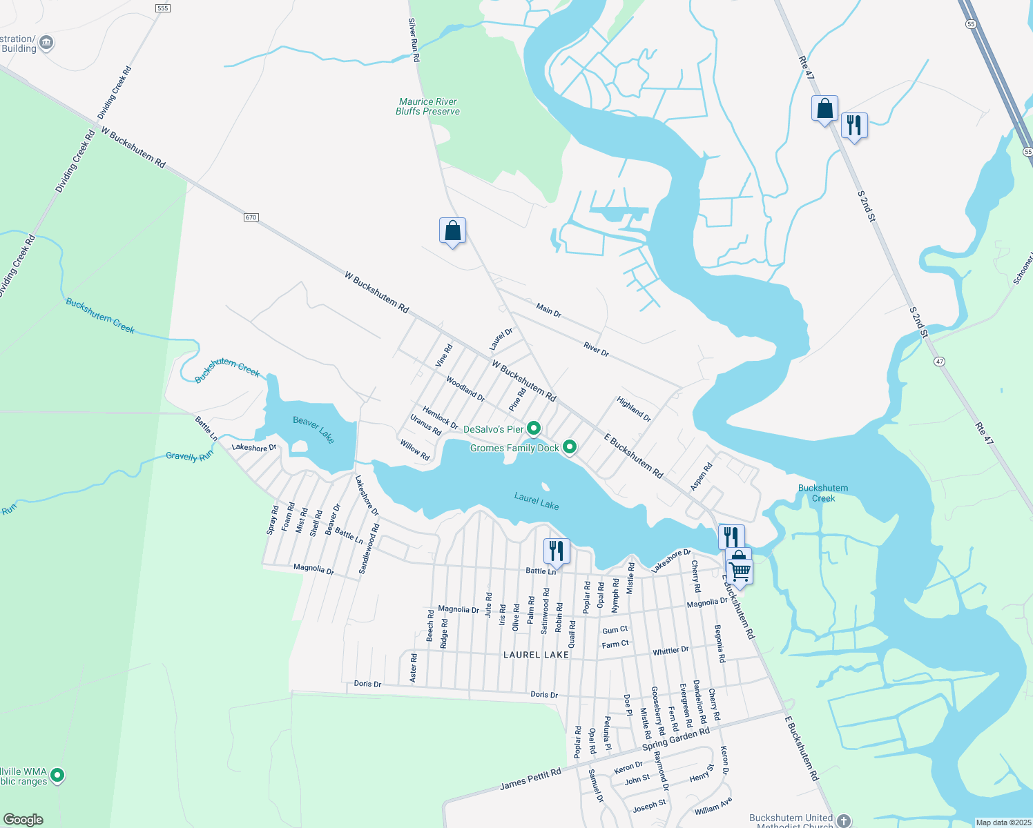 map of restaurants, bars, coffee shops, grocery stores, and more near 214 Woodland Drive in Millville