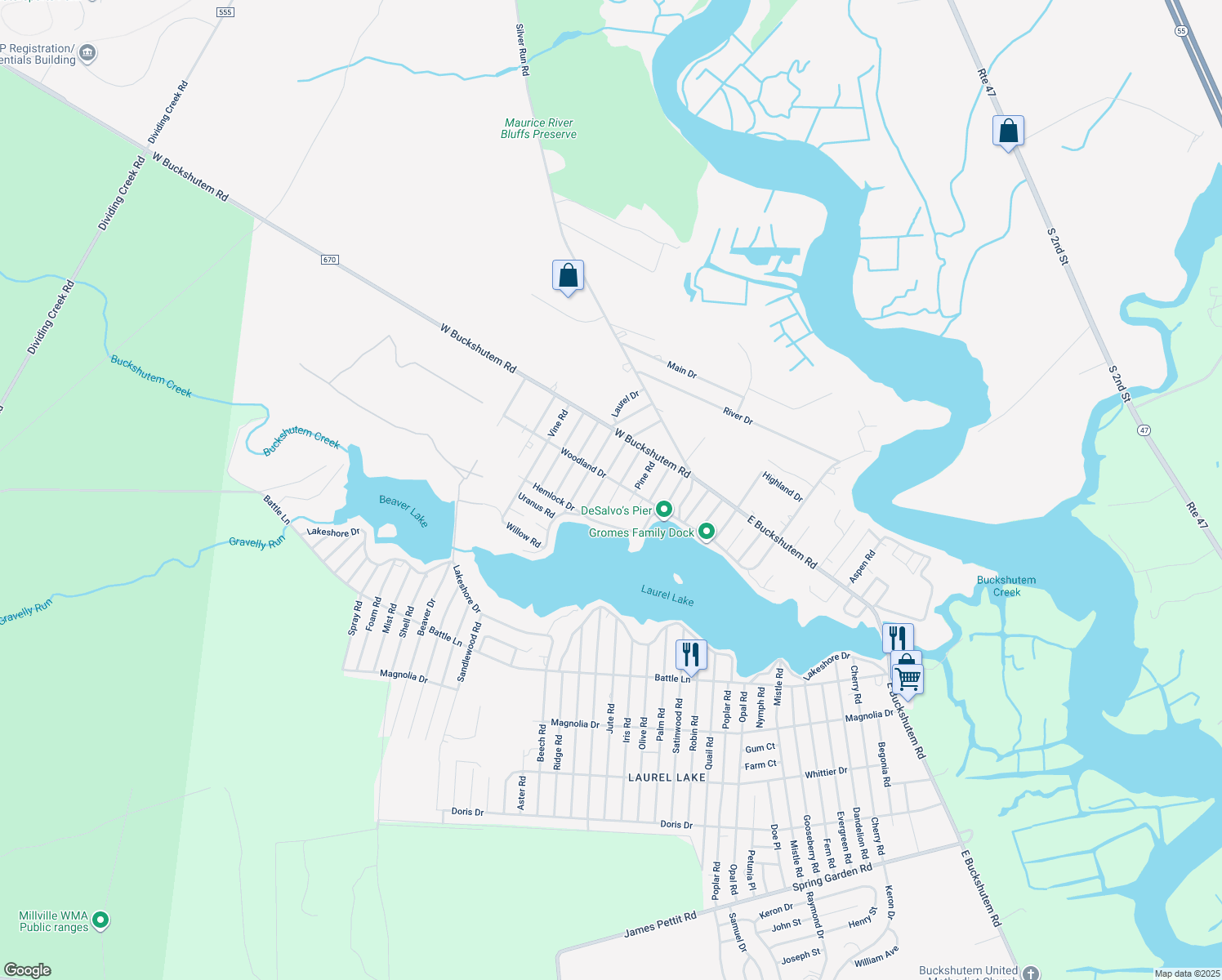 map of restaurants, bars, coffee shops, grocery stores, and more near 114 Queen Rd in Millville
