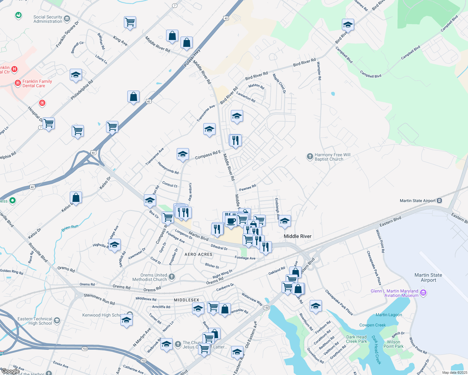 map of restaurants, bars, coffee shops, grocery stores, and more near 510 Middle River Road in Middle River