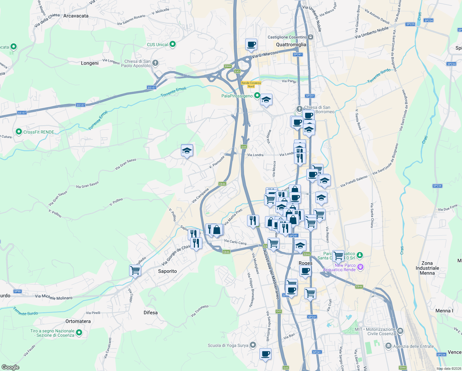 map of restaurants, bars, coffee shops, grocery stores, and more near 1 Viale dei Giardini in Quattromiglia