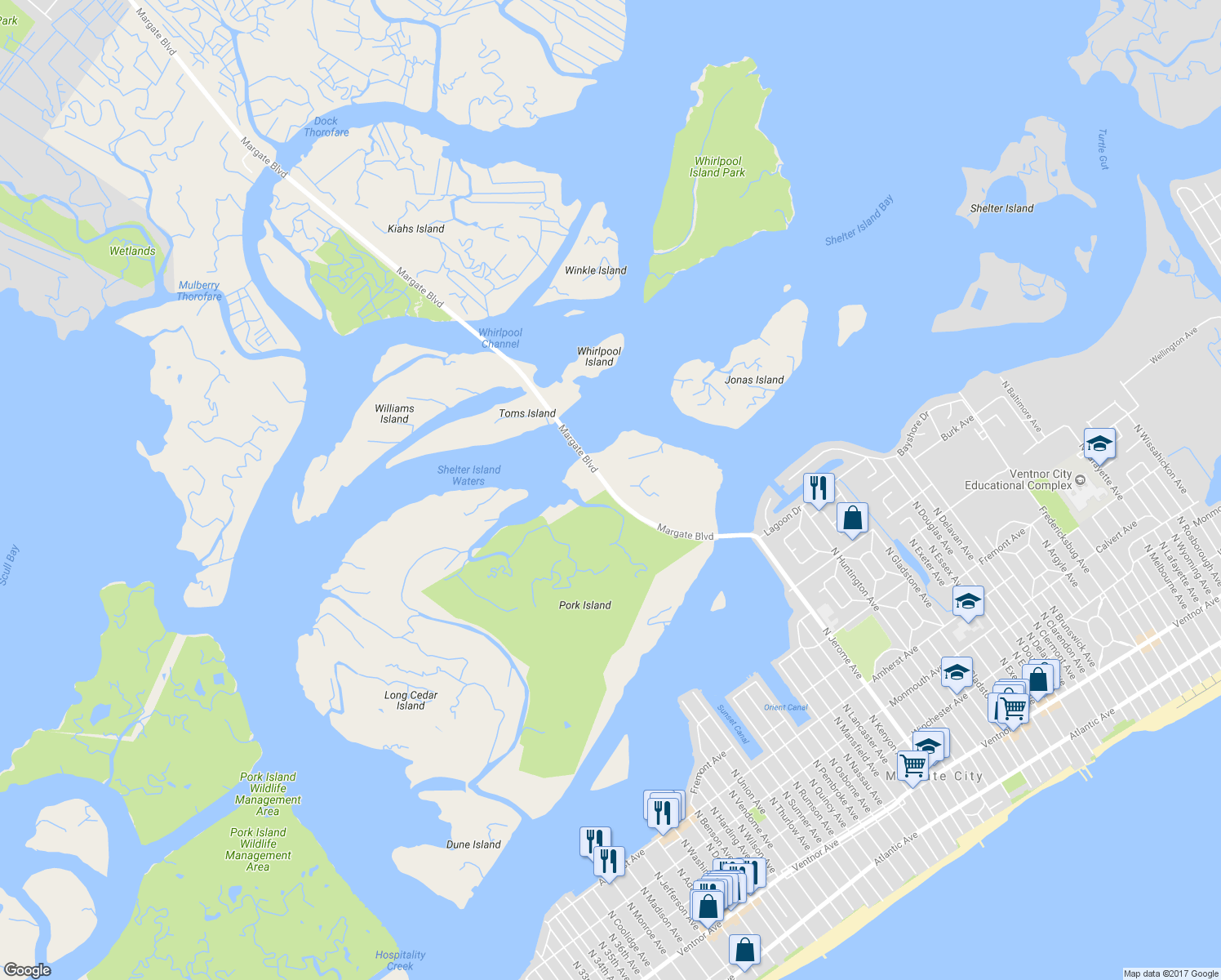 map of restaurants, bars, coffee shops, grocery stores, and more near 16 Margate Boulevard in Margate City