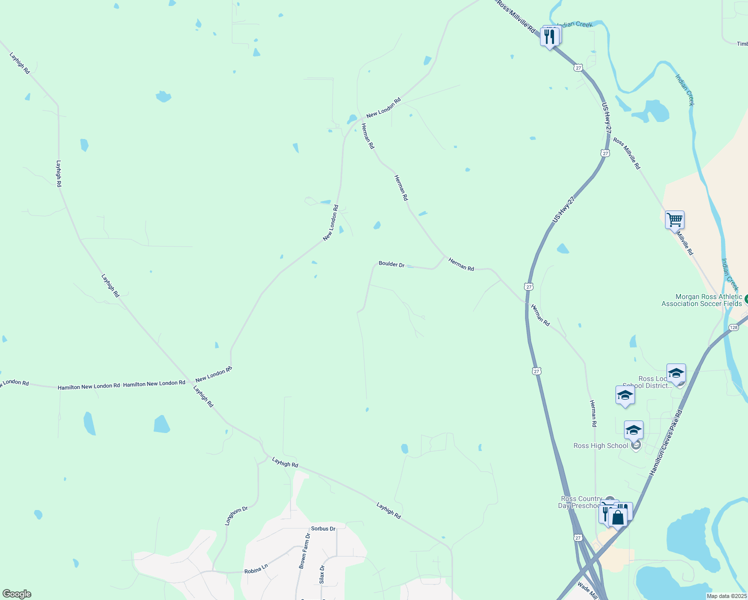 map of restaurants, bars, coffee shops, grocery stores, and more near 2759 Sandyhills Drive in Hamilton