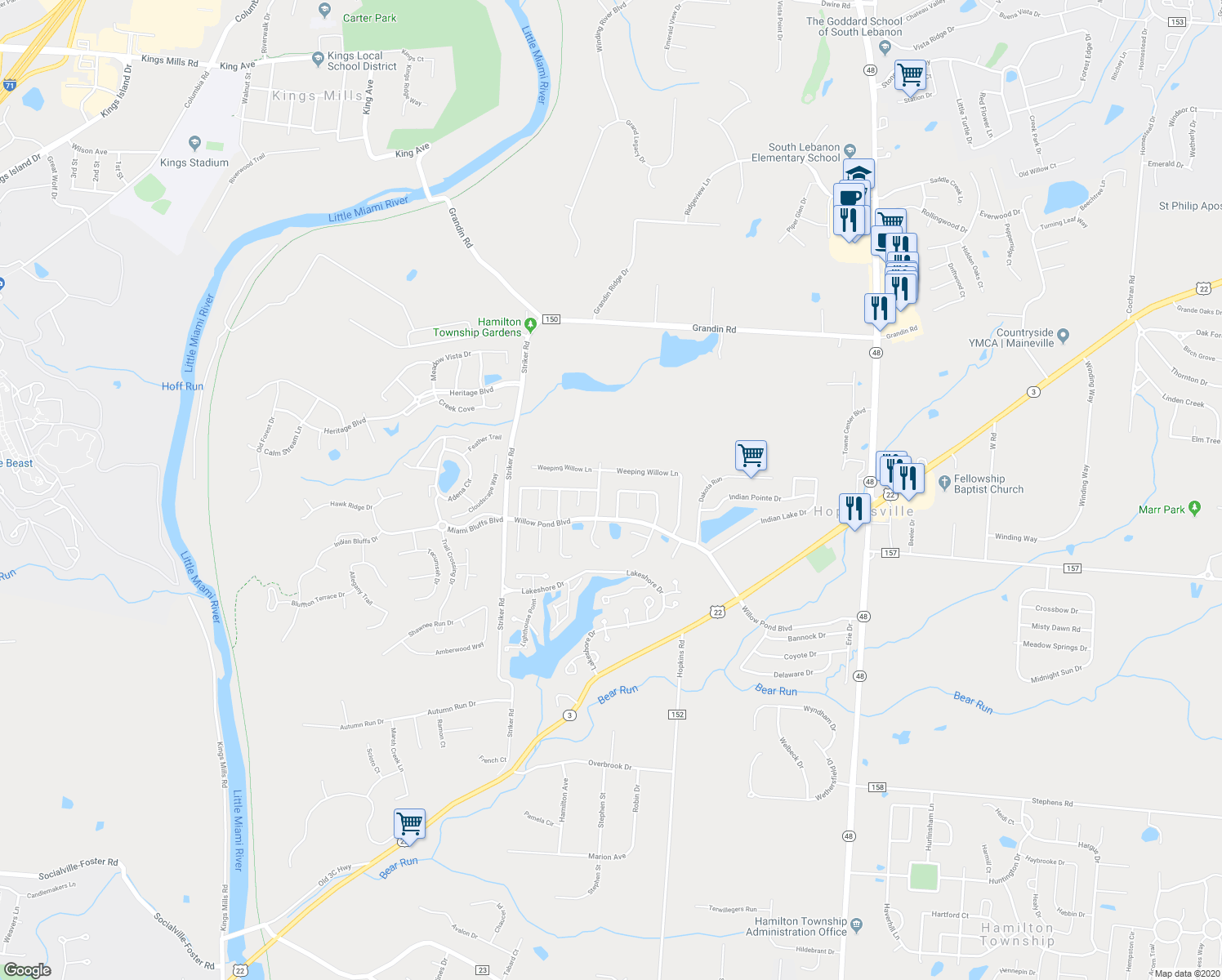 map of restaurants, bars, coffee shops, grocery stores, and more near 748 Jewelweed Court in Maineville