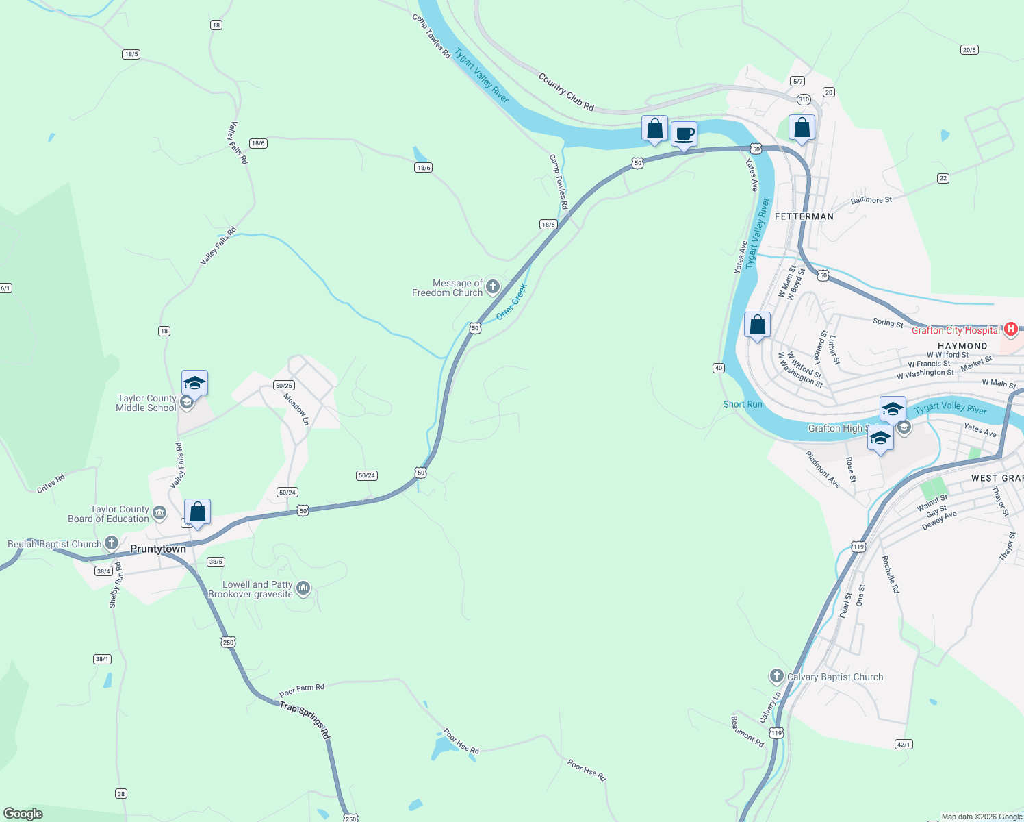 map of restaurants, bars, coffee shops, grocery stores, and more near 43 Birch Street in Grafton