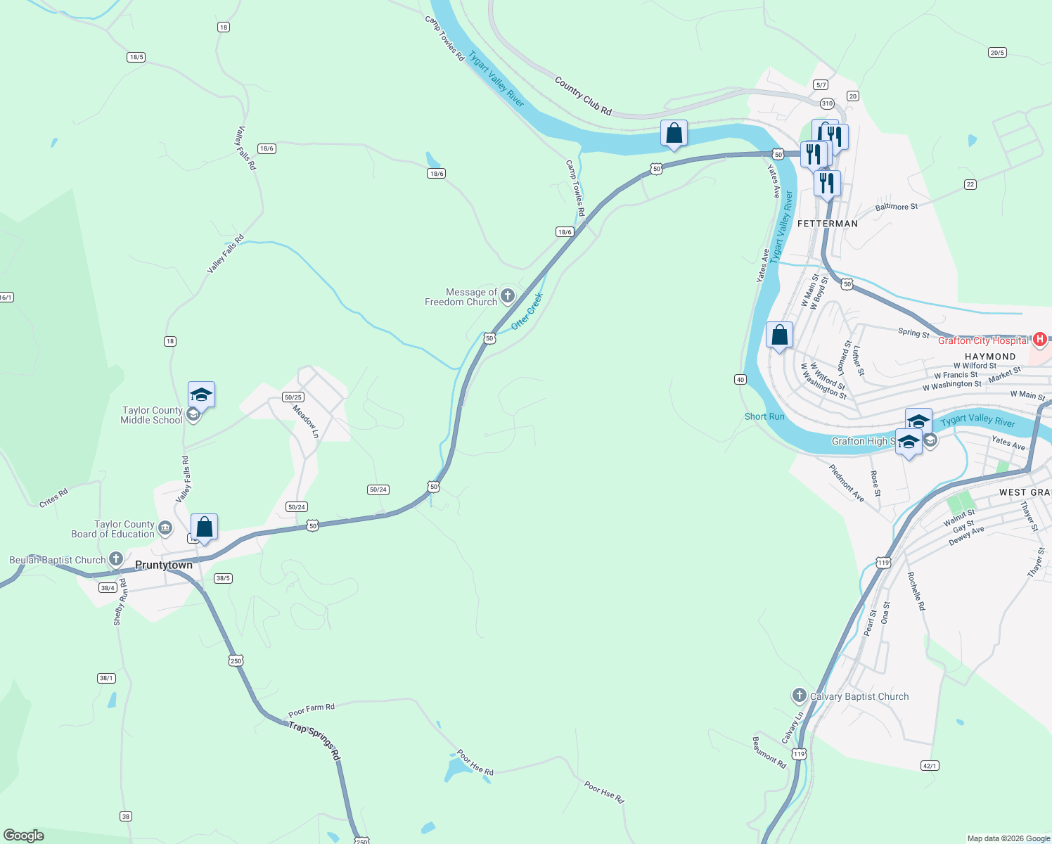 map of restaurants, bars, coffee shops, grocery stores, and more near 43 Birch Street in Grafton