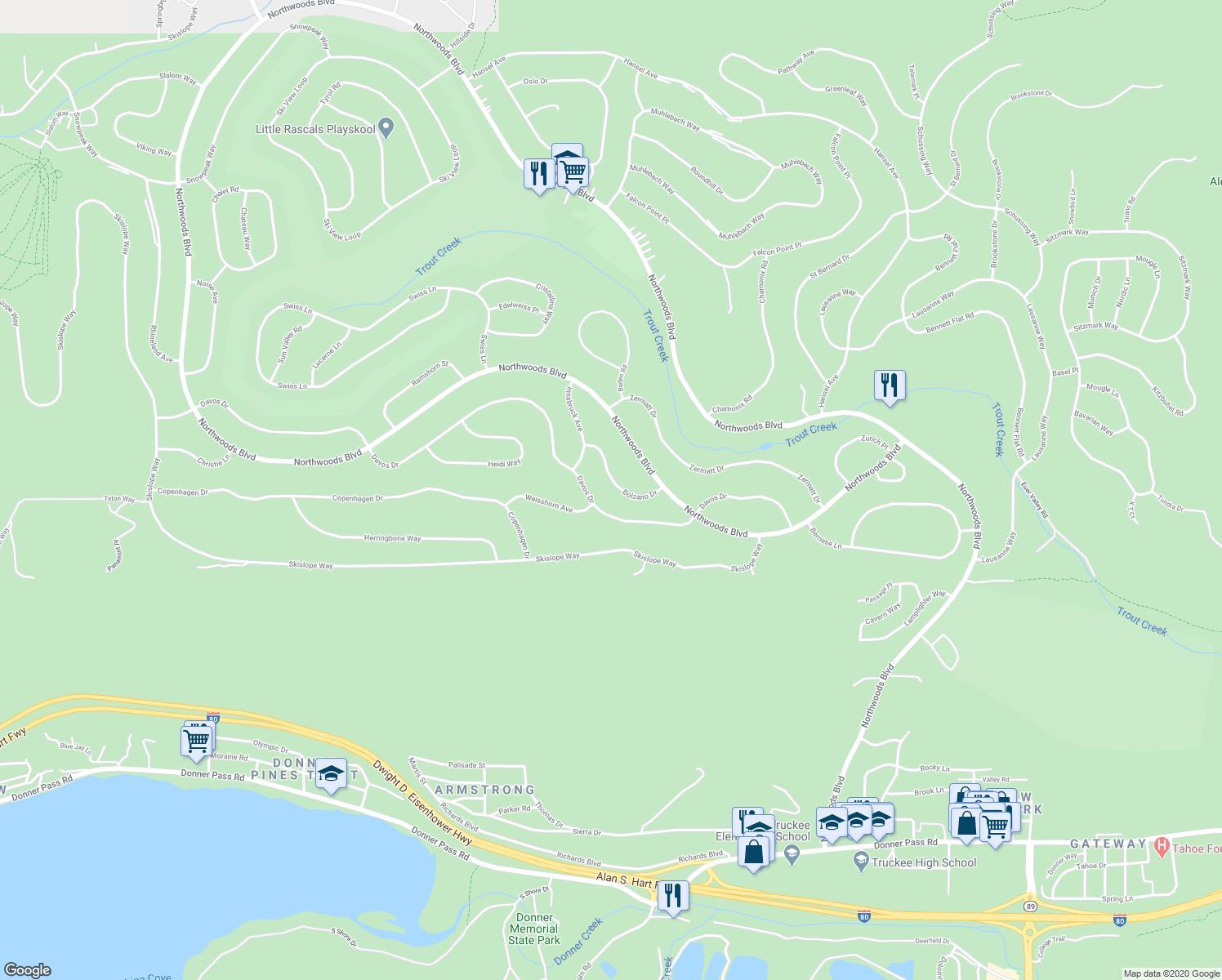 map of restaurants, bars, coffee shops, grocery stores, and more near 11100 Bolzano Drive in Truckee
