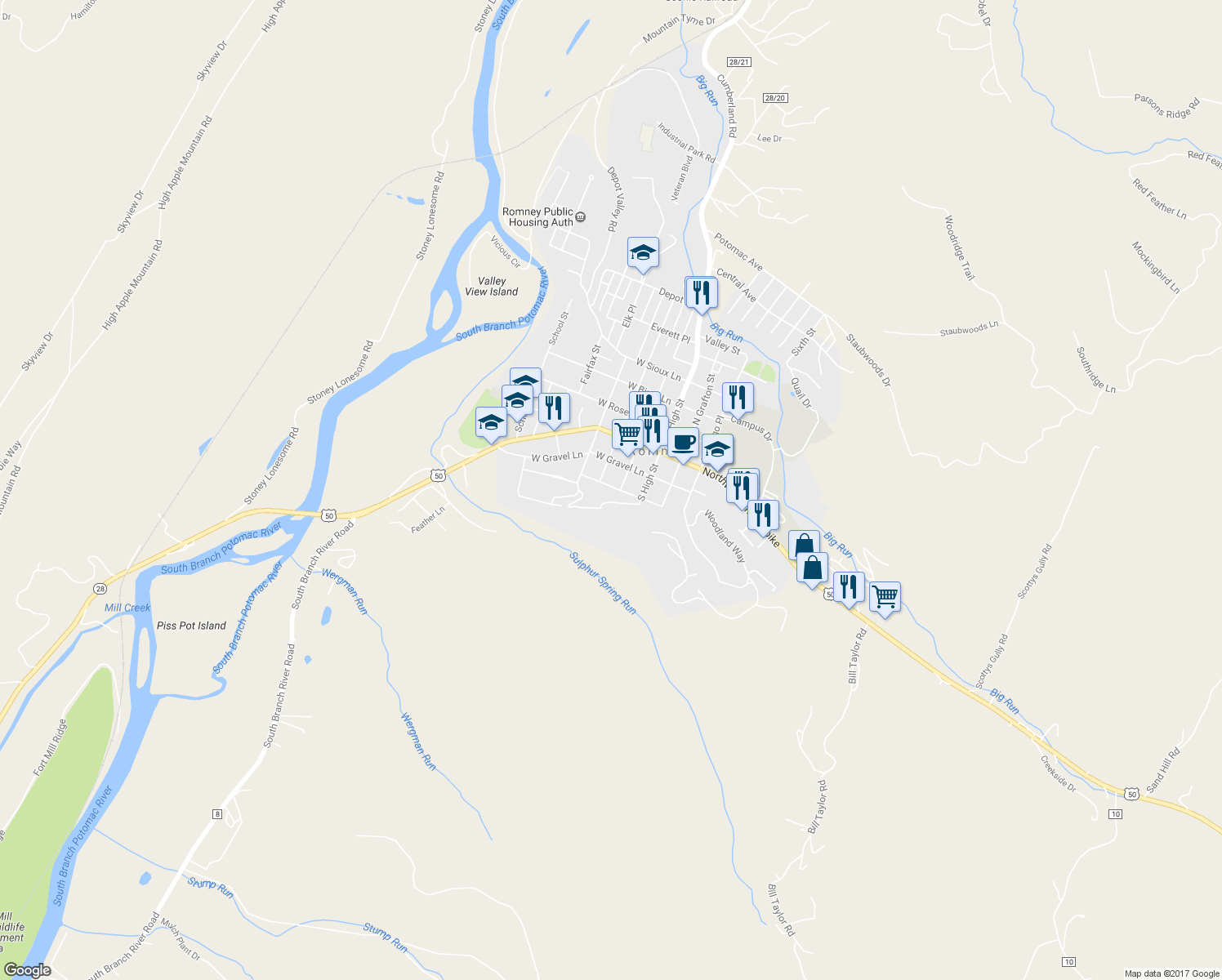 map of restaurants, bars, coffee shops, grocery stores, and more near 140 West Marathon Place in Romney