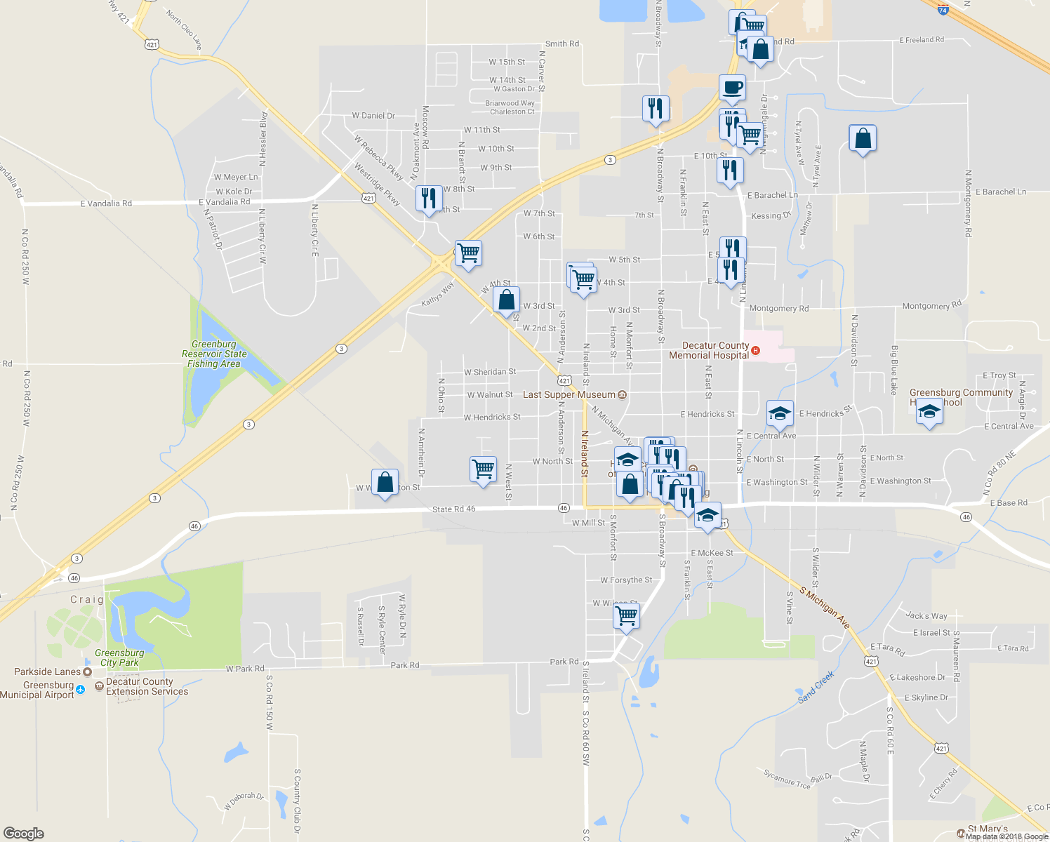 map of restaurants, bars, coffee shops, grocery stores, and more near 621 West Hendricks Street in Greensburg