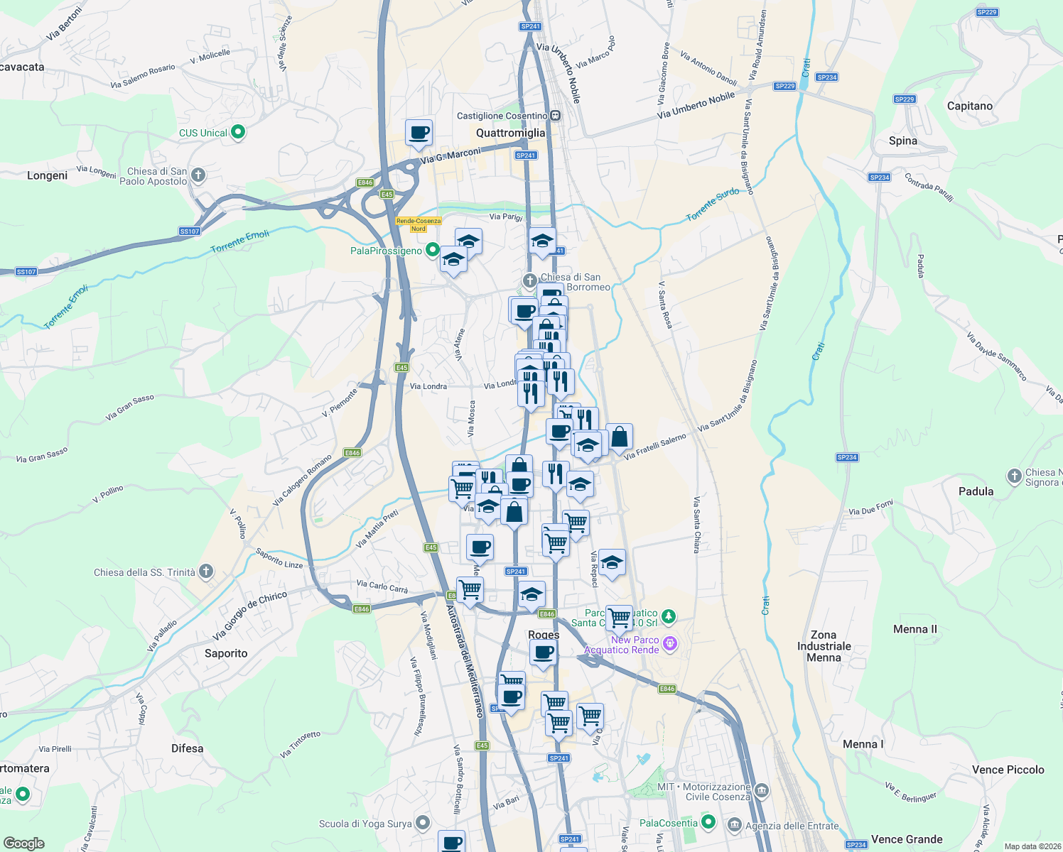 map of restaurants, bars, coffee shops, grocery stores, and more near 339 Via Gioacchino Rossini in Quattromiglia