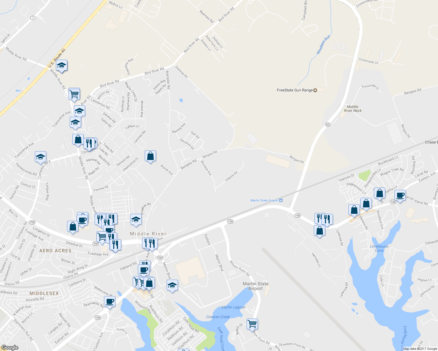 map of restaurants, bars, coffee shops, grocery stores, and more near 1006 Bengies Road in Middle River