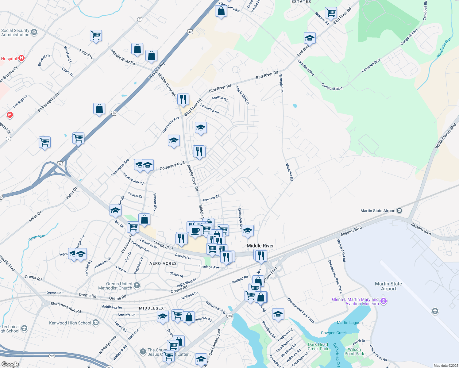 map of restaurants, bars, coffee shops, grocery stores, and more near 508 Gloucester Ct in Middle River