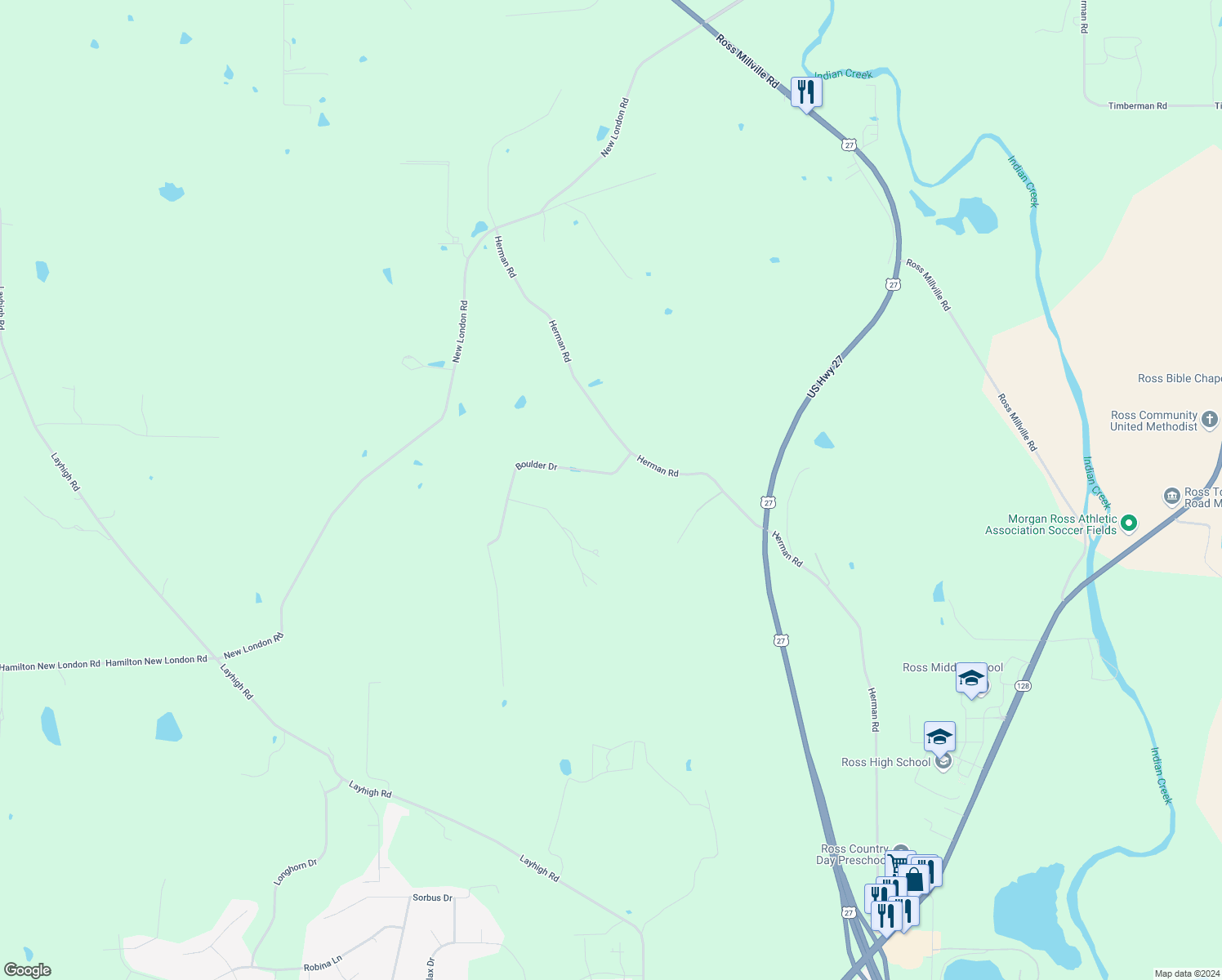 map of restaurants, bars, coffee shops, grocery stores, and more near 2672 Boulder Drive in Hamilton