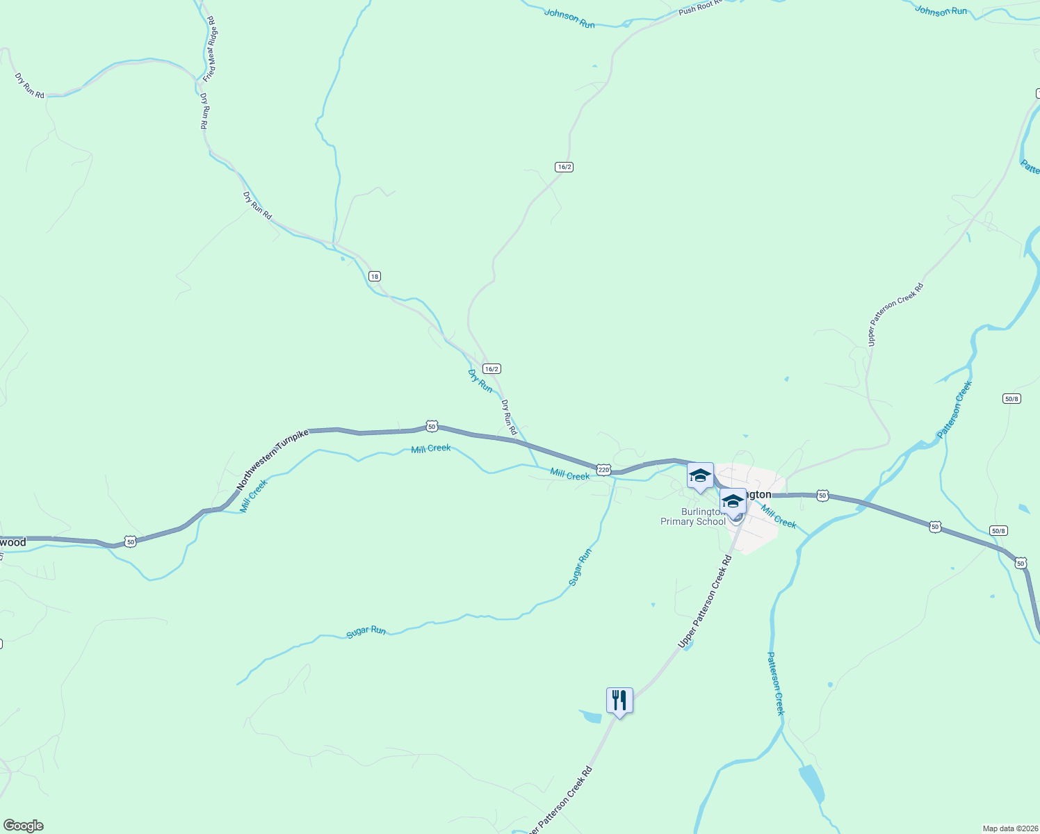 map of restaurants, bars, coffee shops, grocery stores, and more near 102 Dry Run Road in Burlington