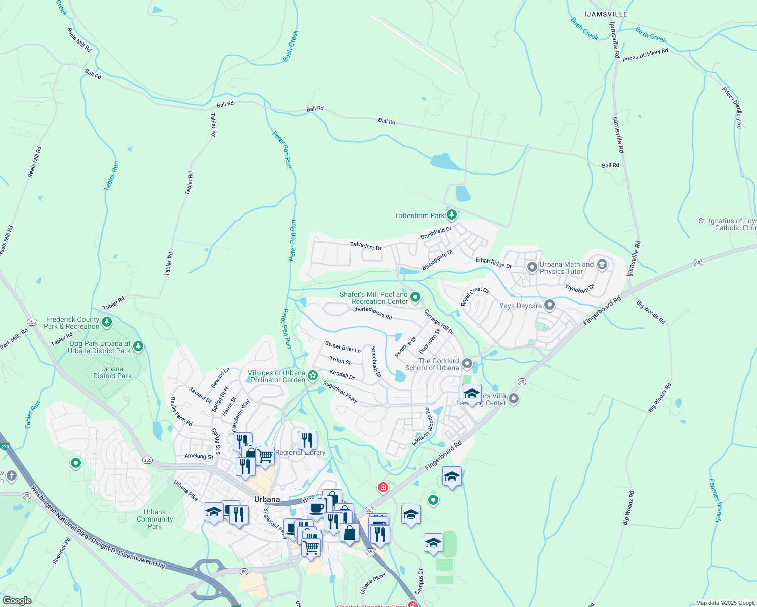 map of restaurants, bars, coffee shops, grocery stores, and more near 9203 Shafers Mill Drive in Frederick