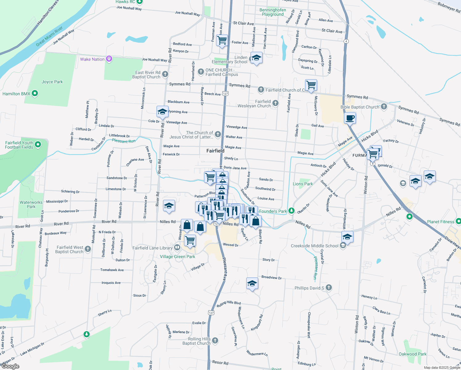 map of restaurants, bars, coffee shops, grocery stores, and more near 5021 Southview Drive in Fairfield
