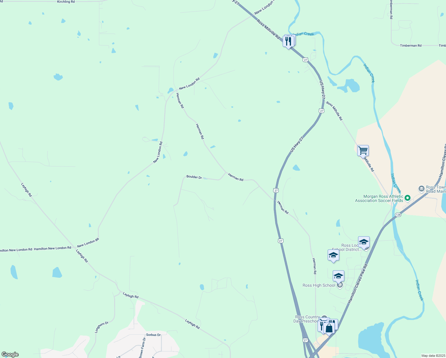 map of restaurants, bars, coffee shops, grocery stores, and more near 2672 Boulder Drive in Hamilton