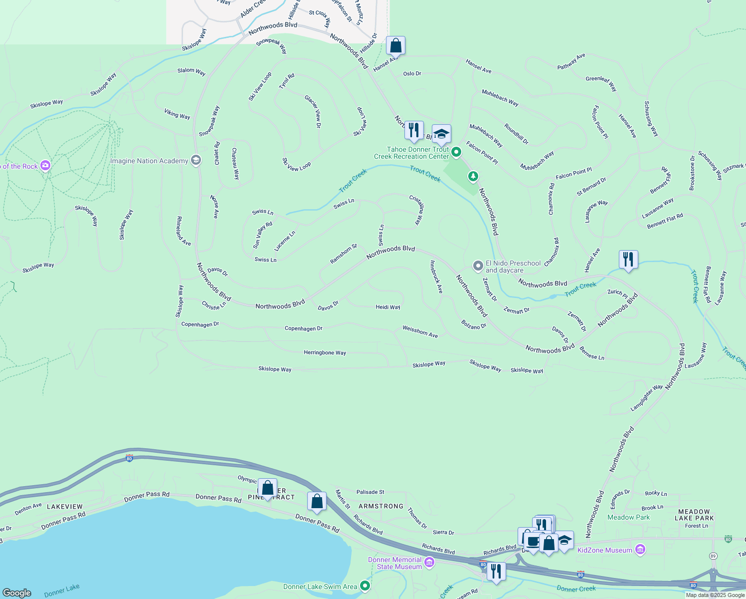 map of restaurants, bars, coffee shops, grocery stores, and more near 13433 Heidi Way in Truckee