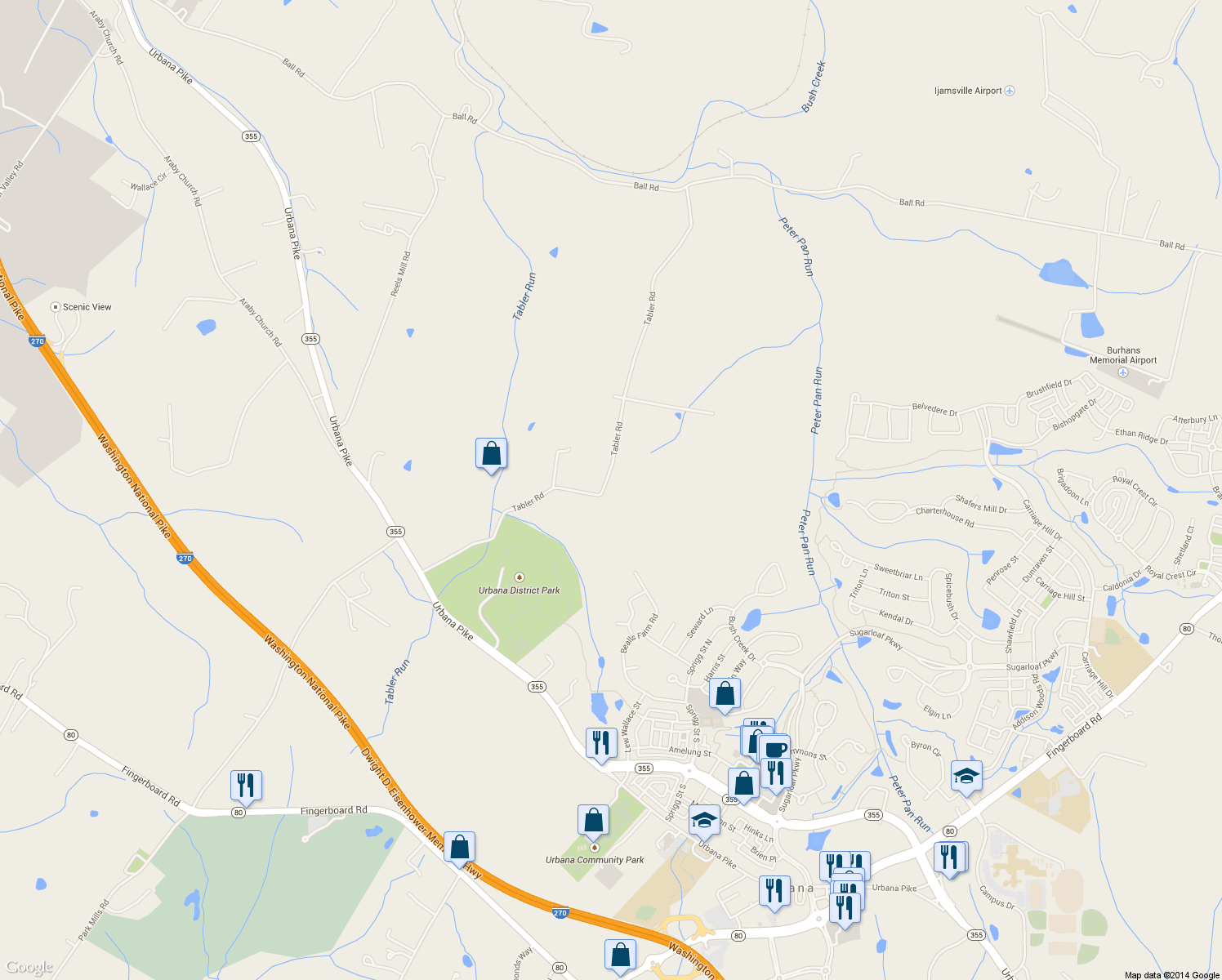 map of restaurants, bars, coffee shops, grocery stores, and more near 4005 Tabler Road in Frederick