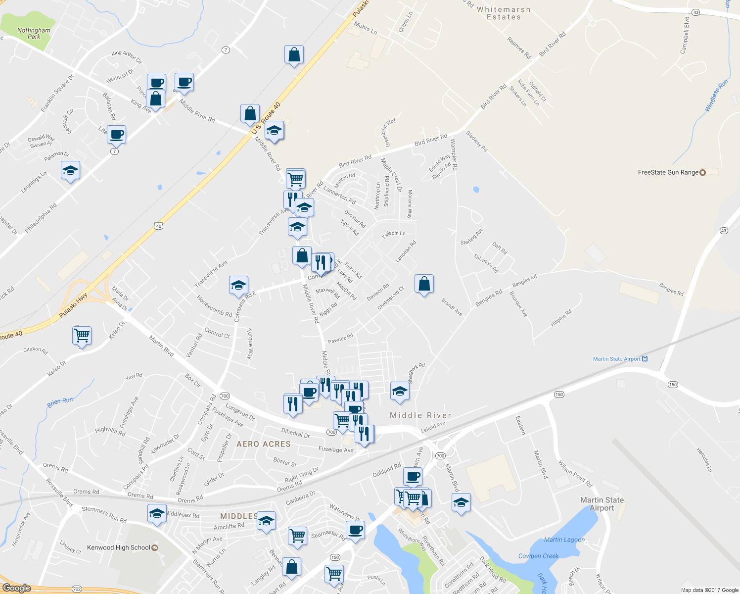 map of restaurants, bars, coffee shops, grocery stores, and more near 601 McConnell Court in Middle River