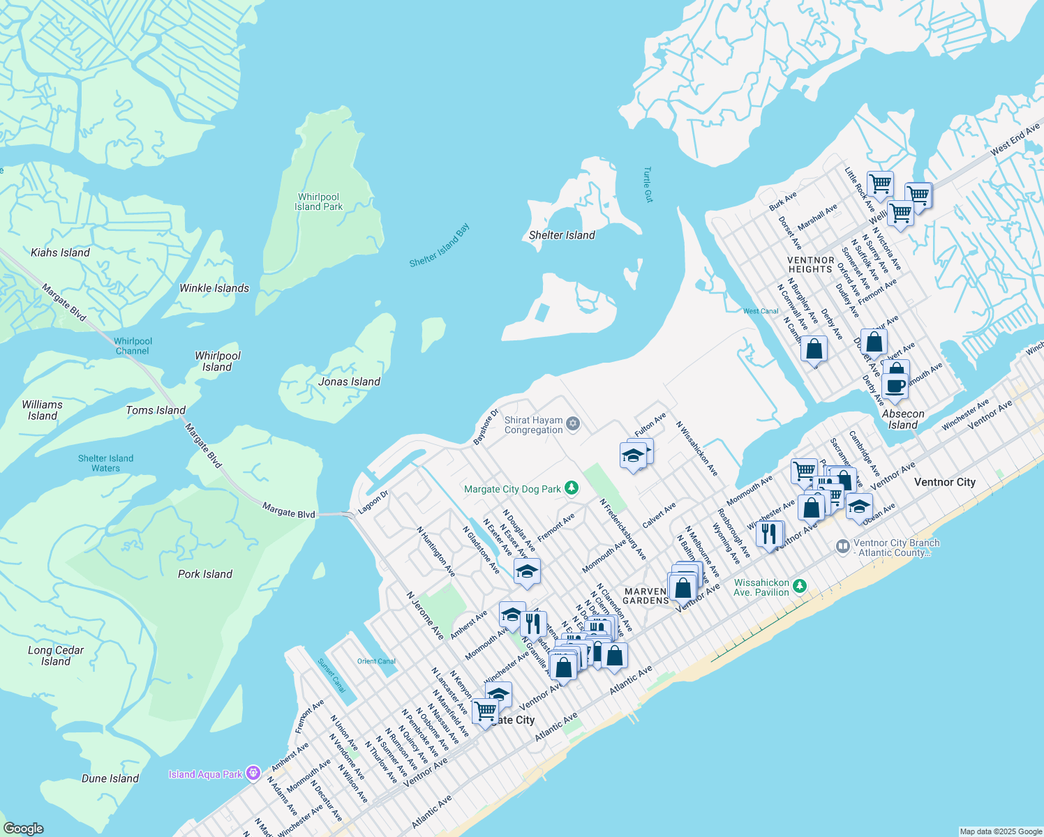 map of restaurants, bars, coffee shops, grocery stores, and more near 7501 Burk Avenue in Margate City