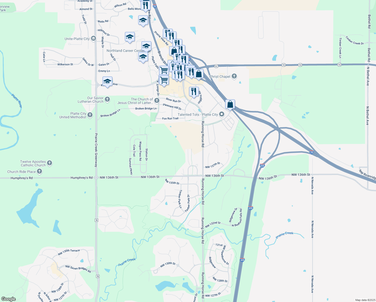 map of restaurants, bars, coffee shops, grocery stores, and more near 13776 Post Oak Ln in Platte City