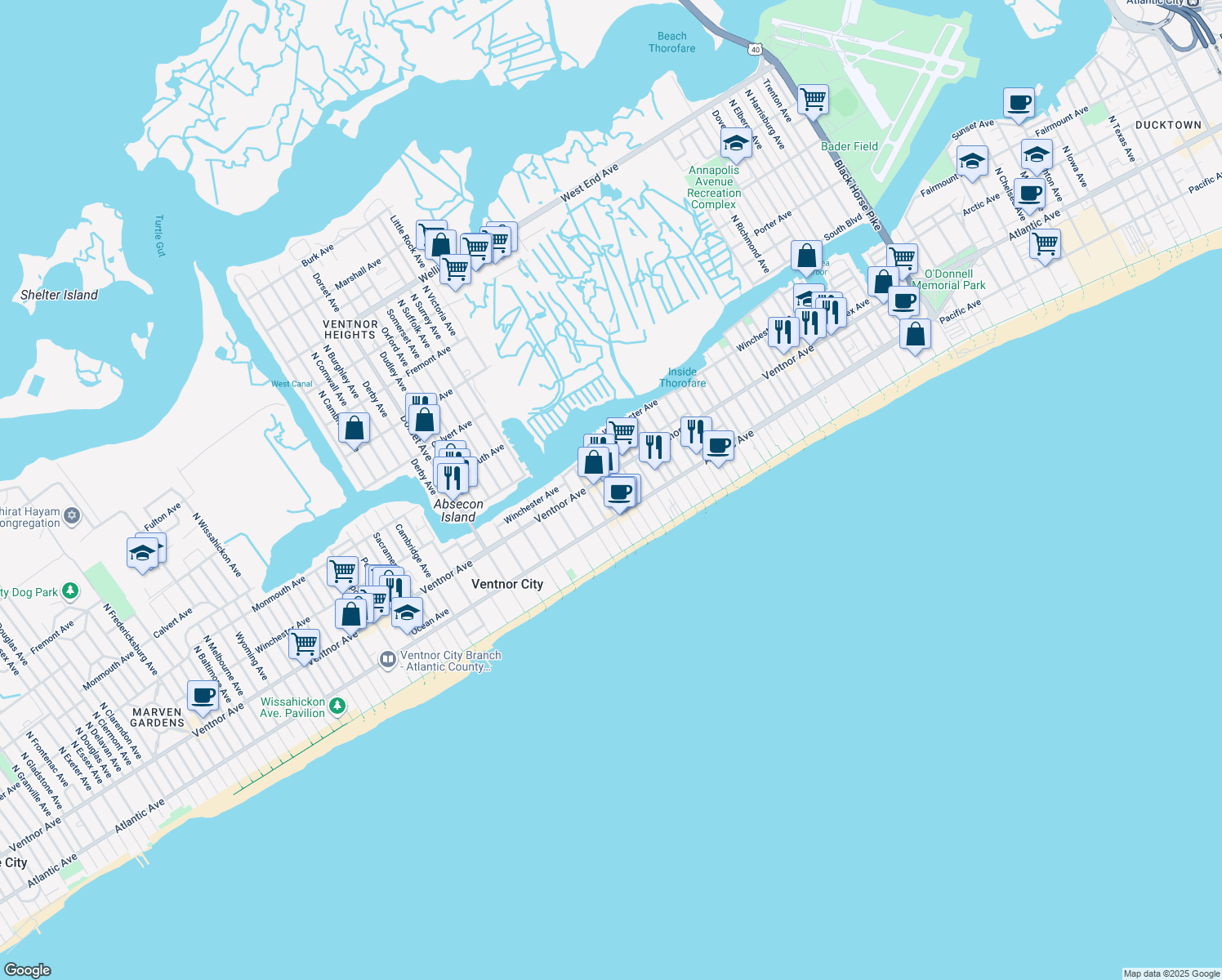 map of restaurants, bars, coffee shops, grocery stores, and more near 14 South Weymouth Avenue in Ventnor City