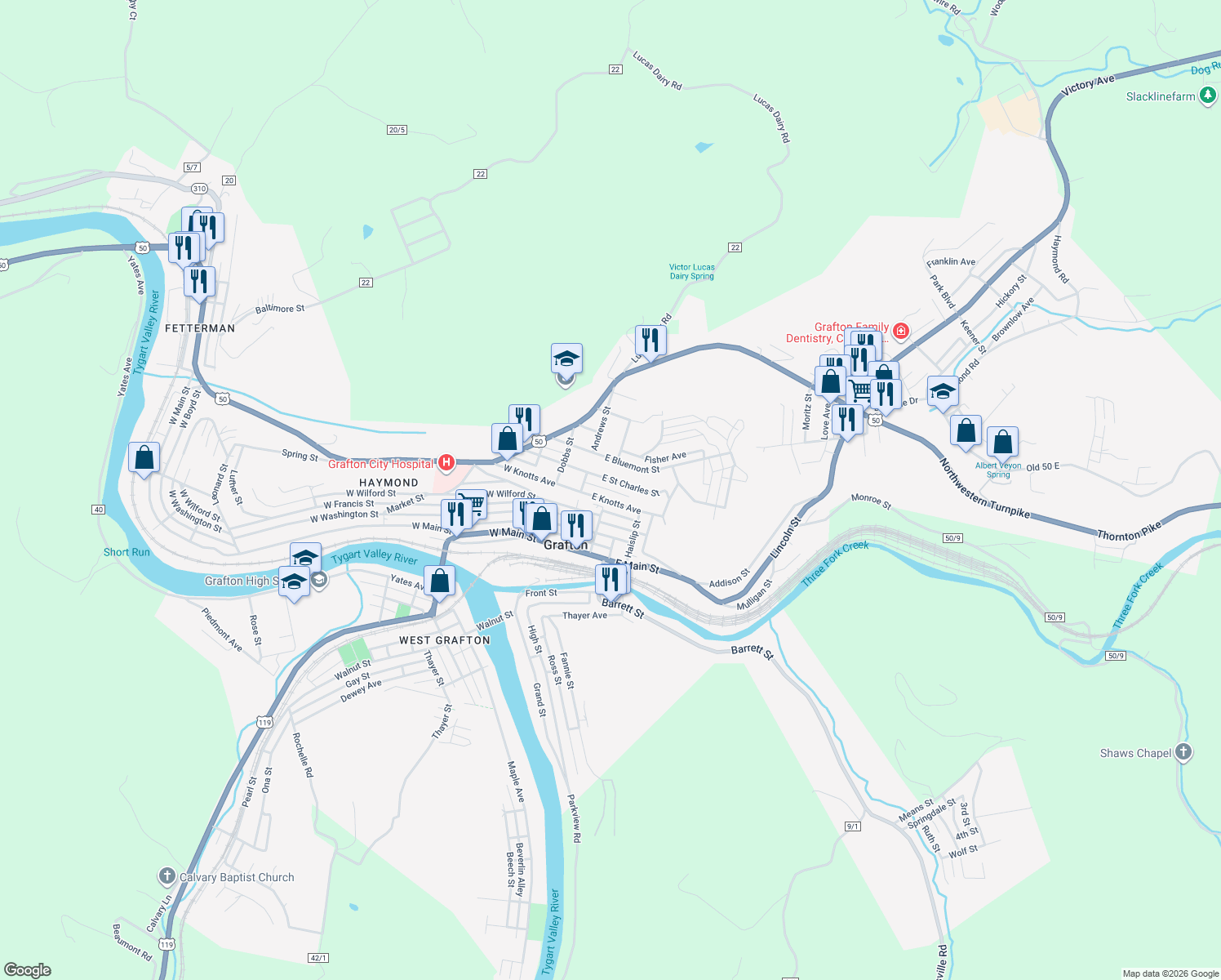 map of restaurants, bars, coffee shops, grocery stores, and more near 127 East Pretence Street in Grafton
