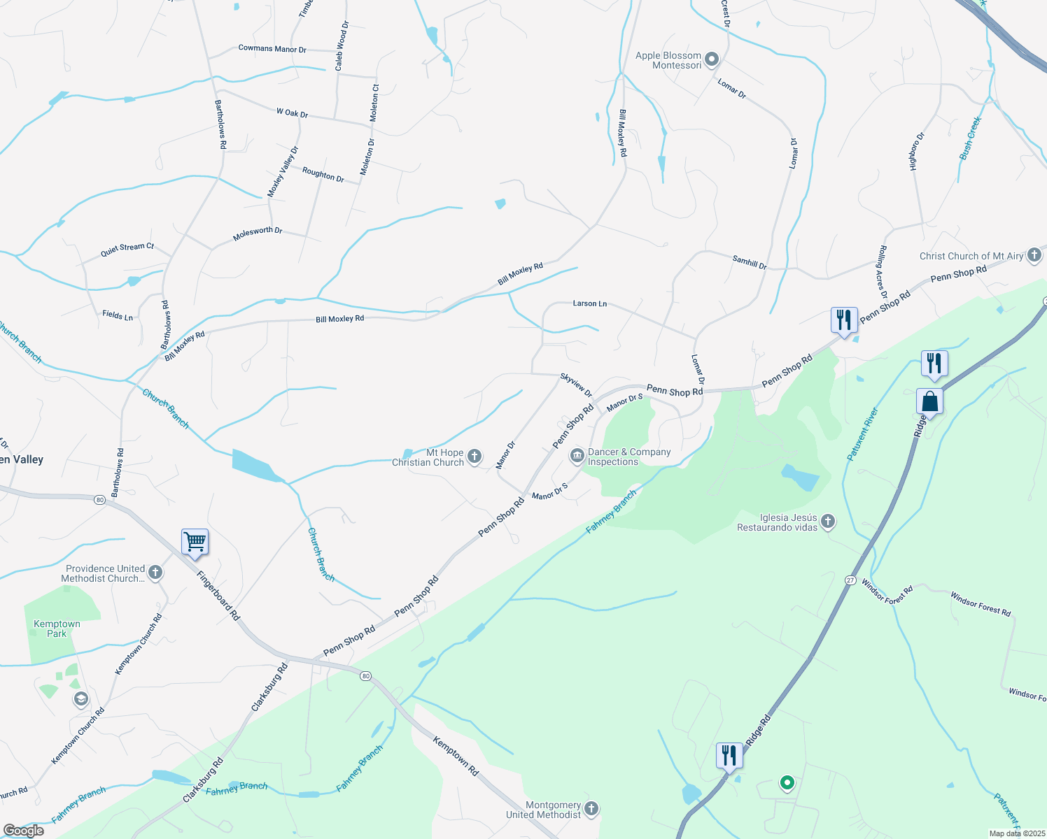 map of restaurants, bars, coffee shops, grocery stores, and more near 13128 Manor Drive in Mount Airy