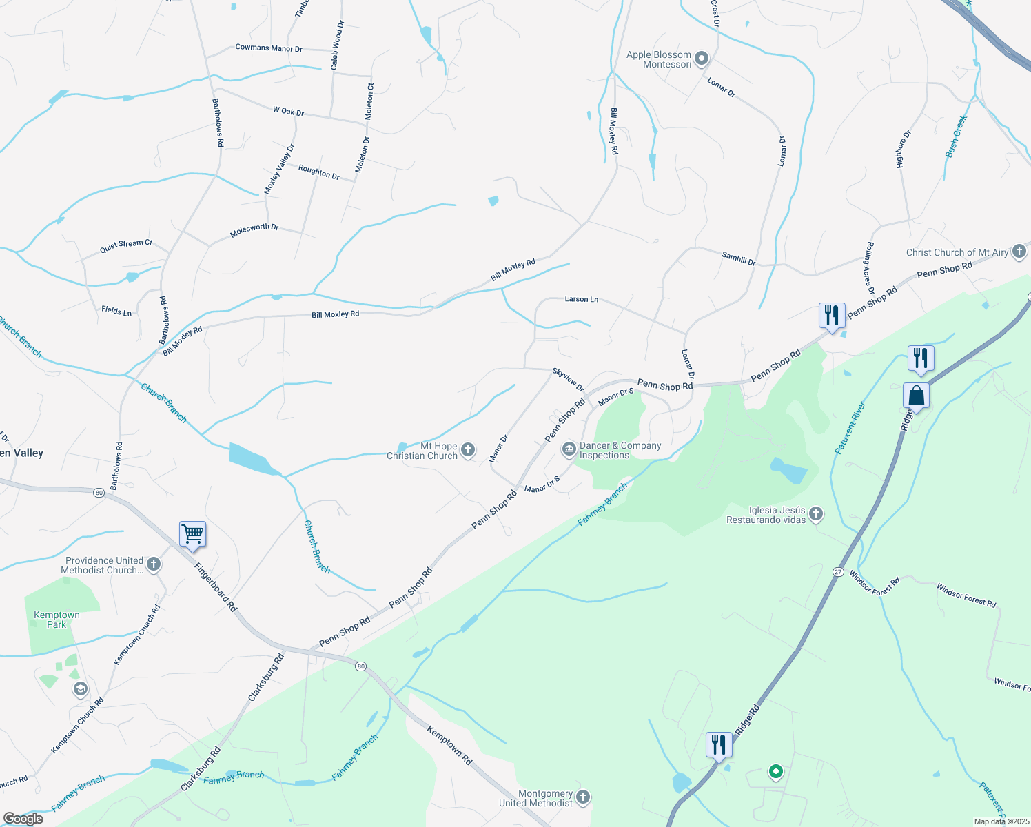 map of restaurants, bars, coffee shops, grocery stores, and more near 13128 Manor Drive in Mount Airy