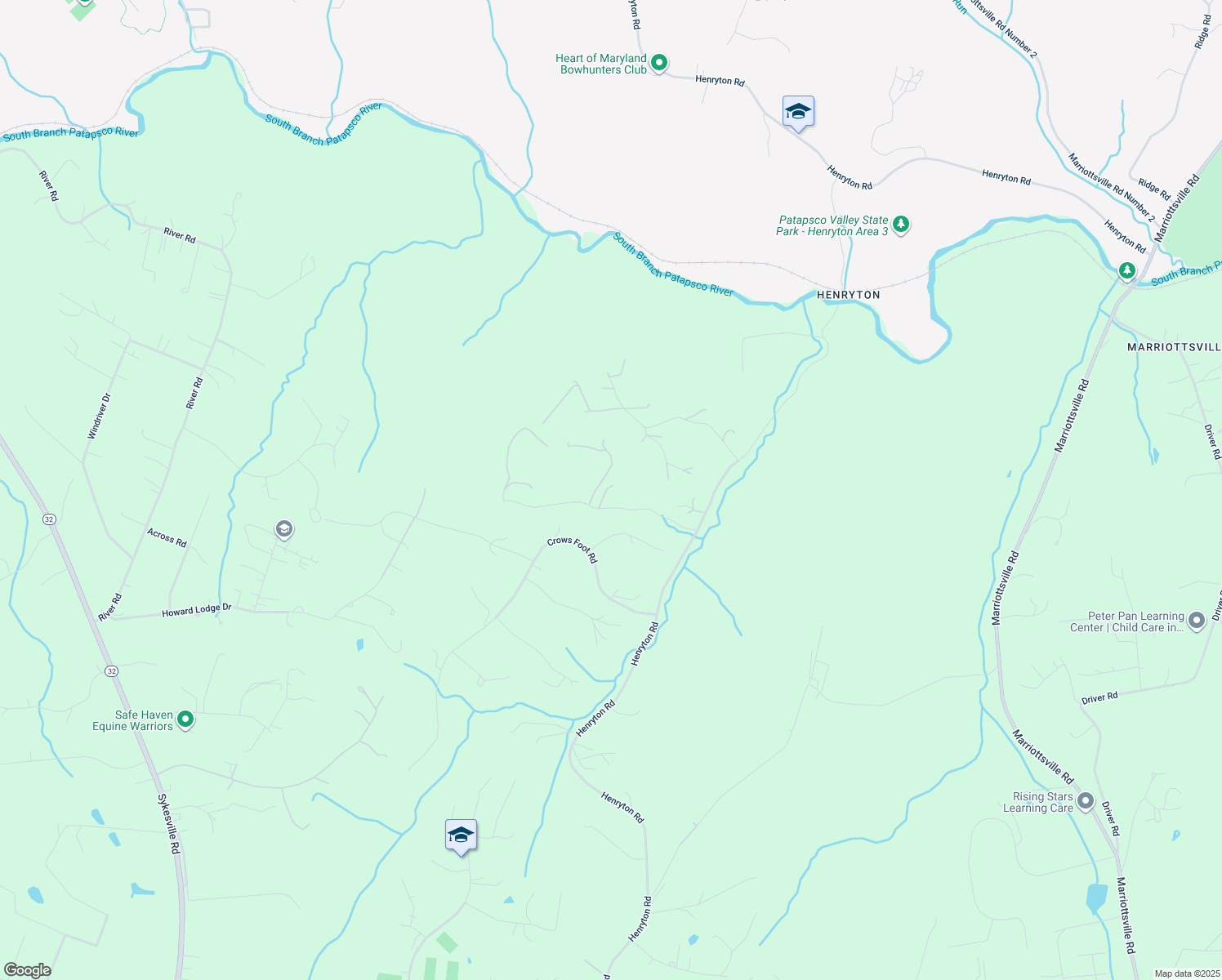 map of restaurants, bars, coffee shops, grocery stores, and more near 1020 Henryton Road in Marriottsville