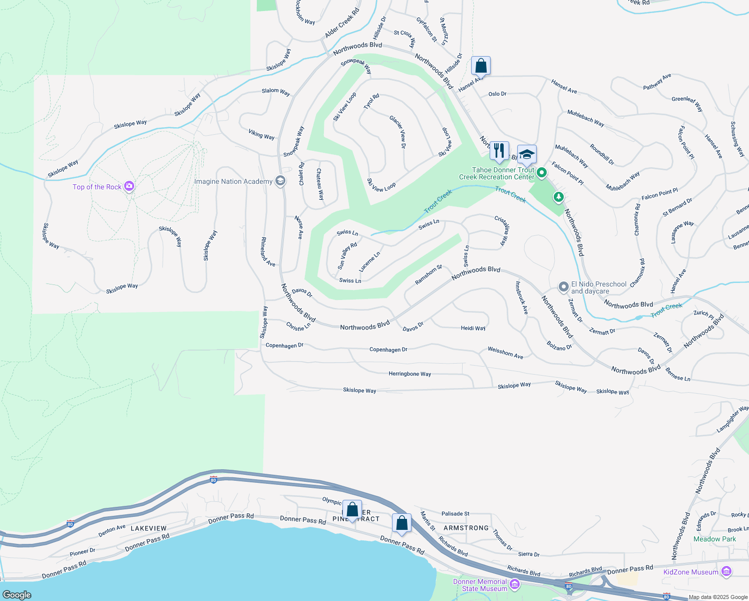 map of restaurants, bars, coffee shops, grocery stores, and more near 14520 Davos Drive in Truckee
