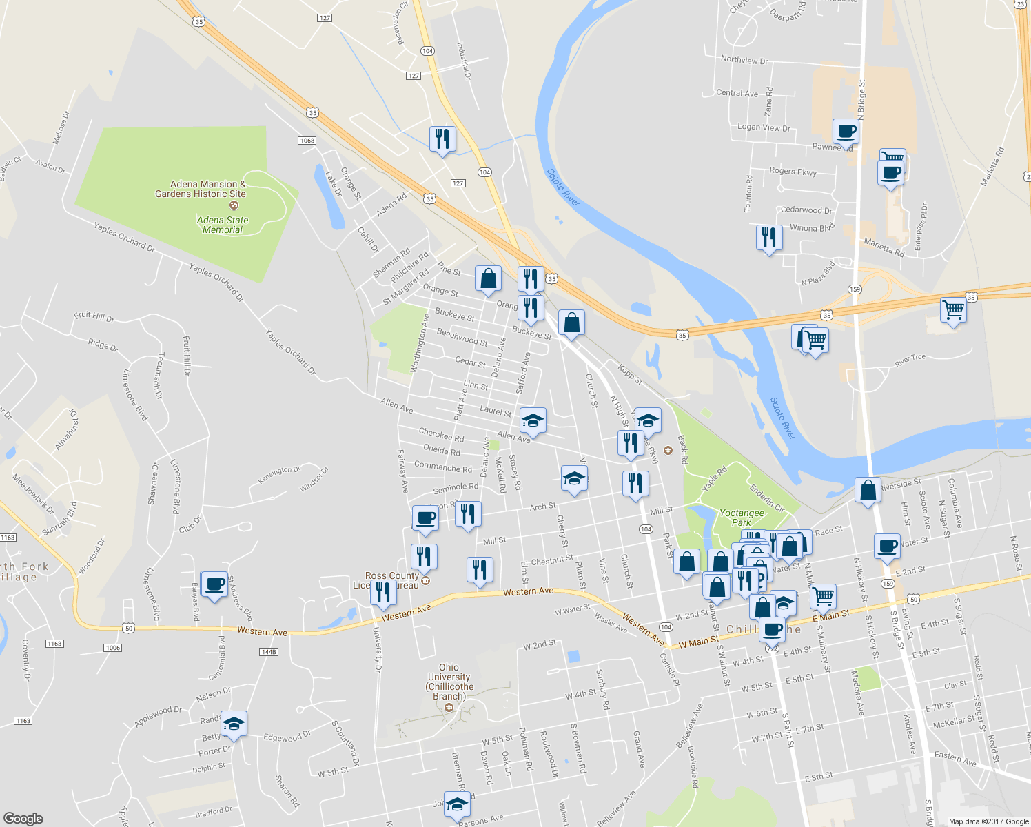 map of restaurants, bars, coffee shops, grocery stores, and more near 507 Laurel Street in Chillicothe