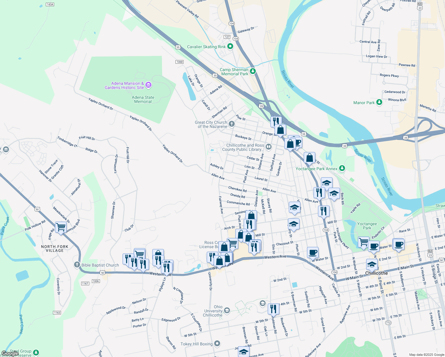 map of restaurants, bars, coffee shops, grocery stores, and more near 644 Allen Avenue in Chillicothe
