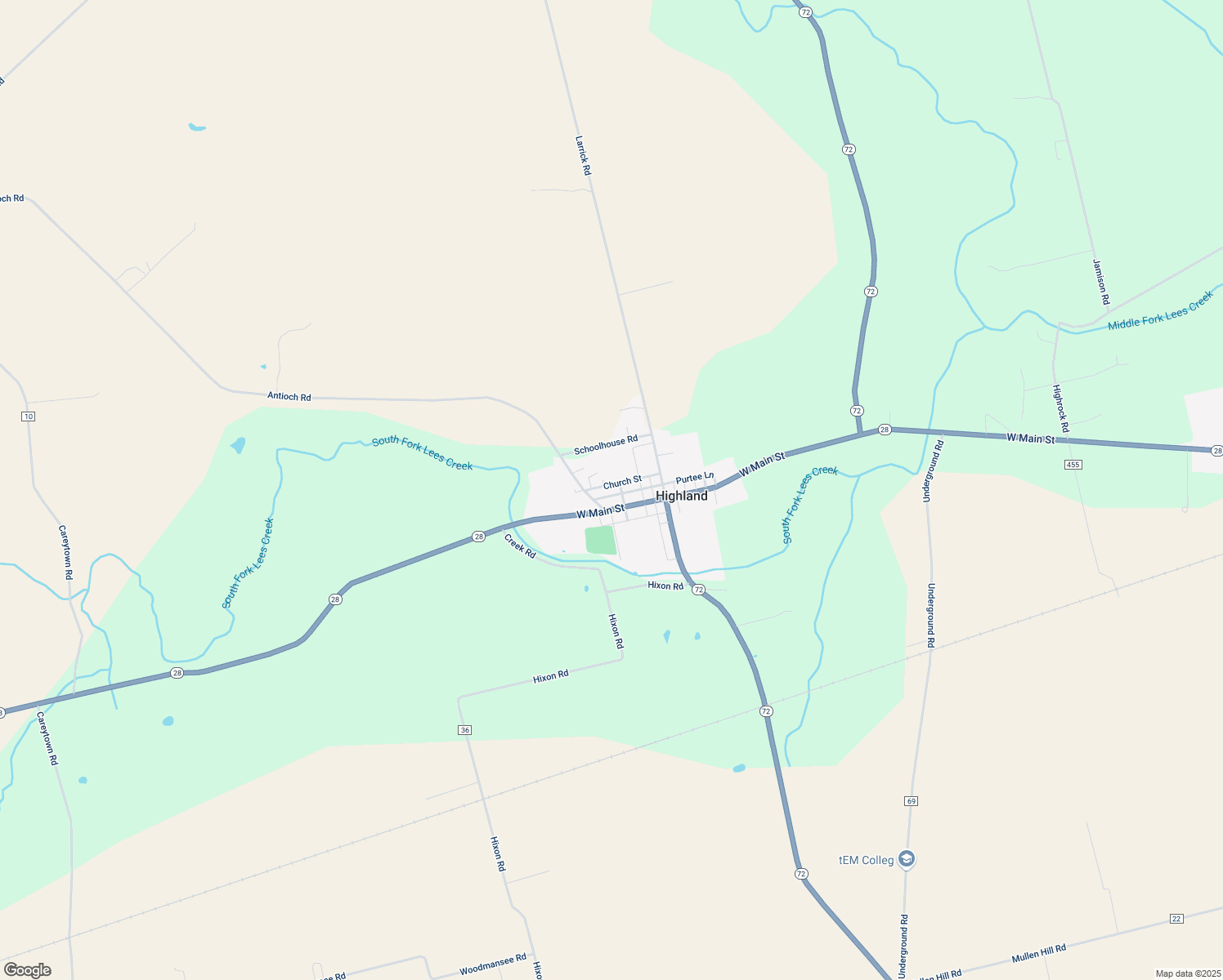 map of restaurants, bars, coffee shops, grocery stores, and more near 7864 Church Street in Highland