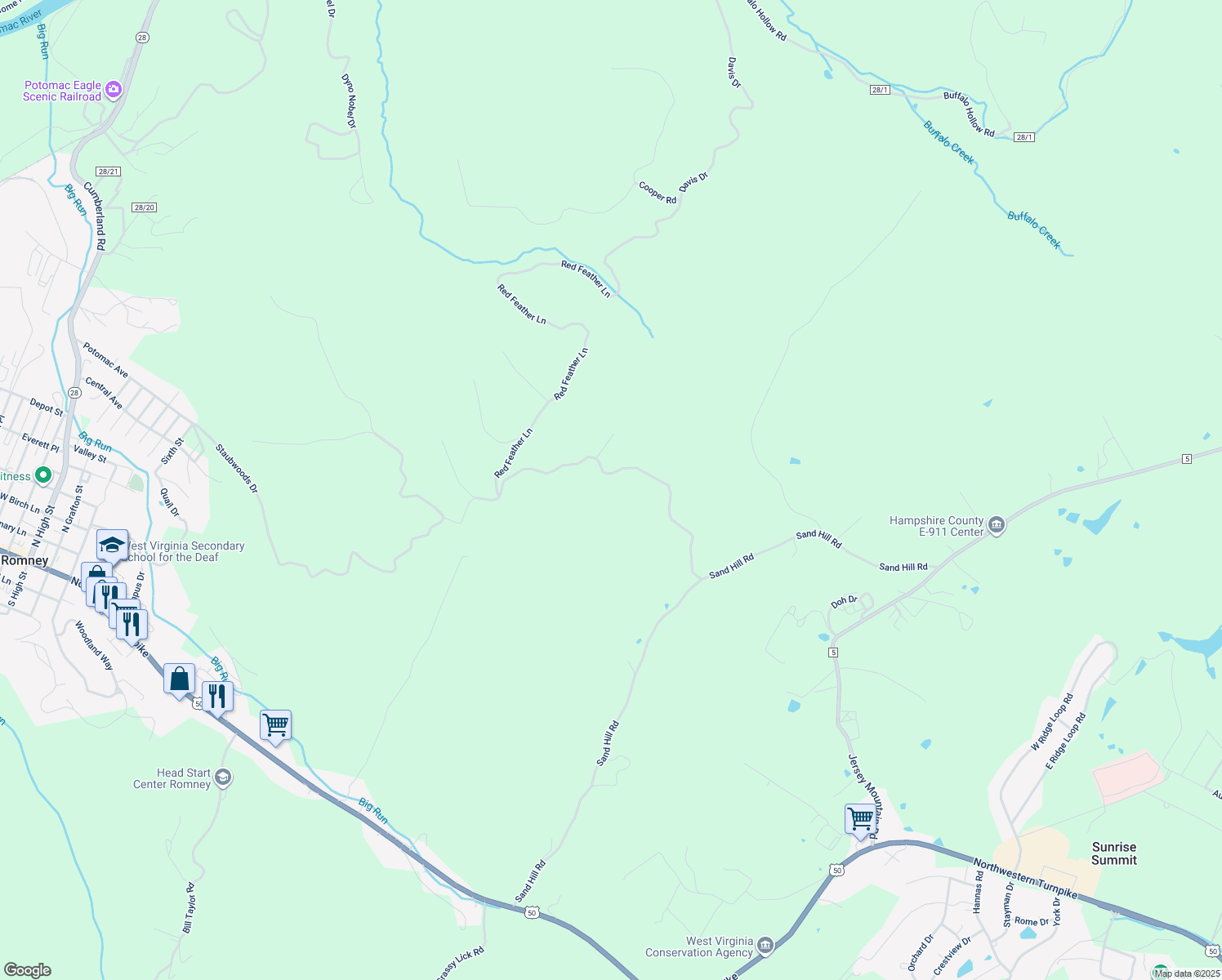 map of restaurants, bars, coffee shops, grocery stores, and more near 523 Cardinal Ridge Estate in Romney