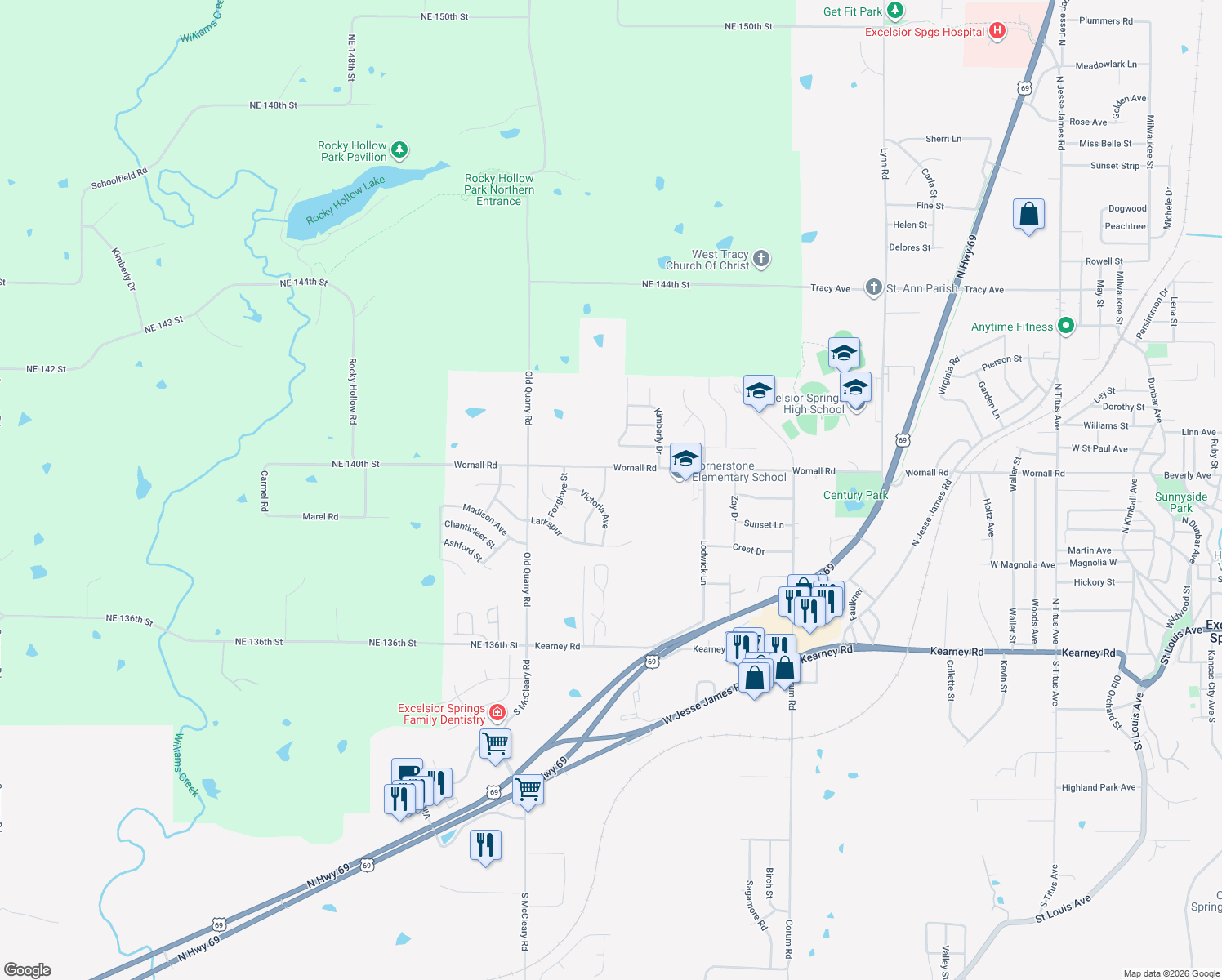 map of restaurants, bars, coffee shops, grocery stores, and more near 415 Leslie Ln in Excelsior Springs