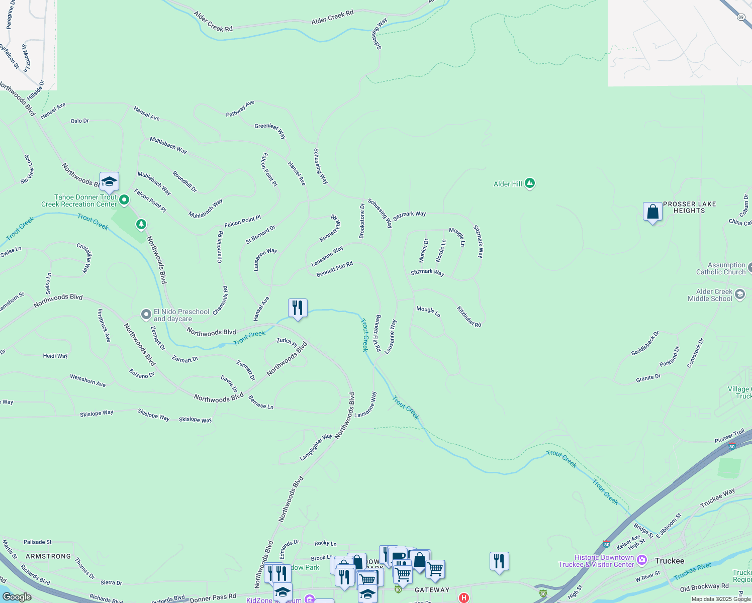 map of restaurants, bars, coffee shops, grocery stores, and more near 11462 Bennett Flat Rd in Truckee