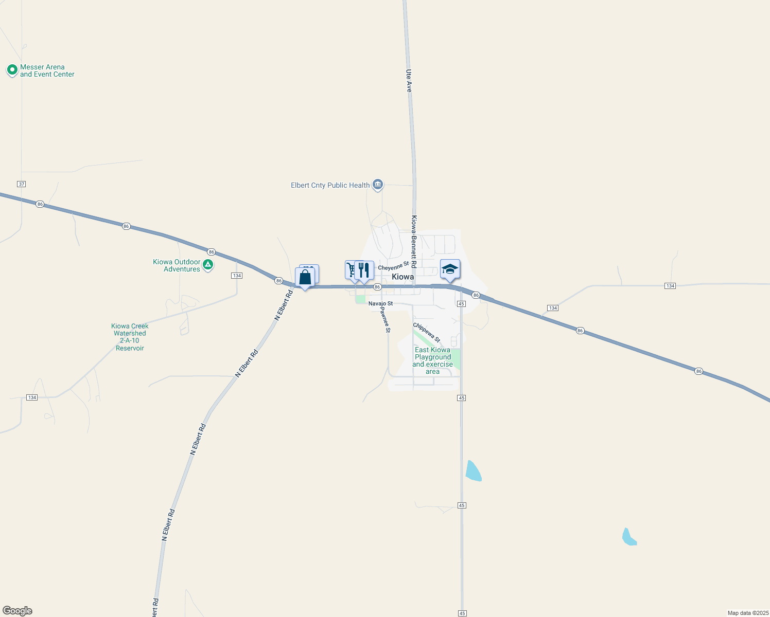 map of restaurants, bars, coffee shops, grocery stores, and more near 510 Pawnee Street in Kiowa