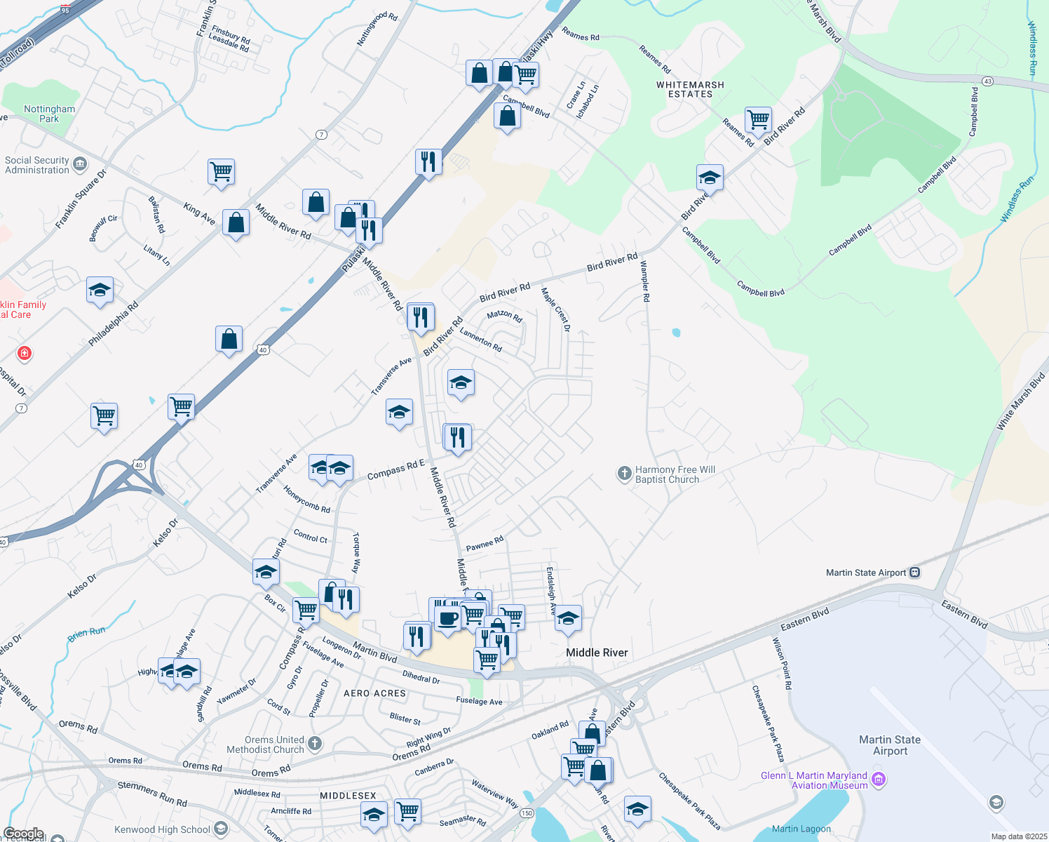 map of restaurants, bars, coffee shops, grocery stores, and more near 9822 Biggs Road in Middle River
