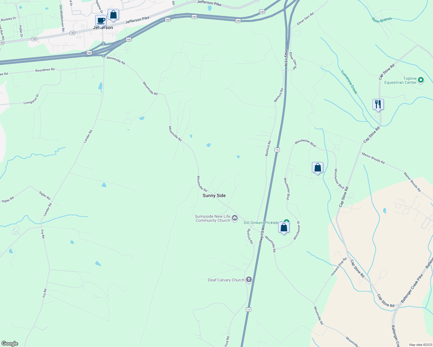 map of restaurants, bars, coffee shops, grocery stores, and more near 4414 Mountville Road in Frederick
