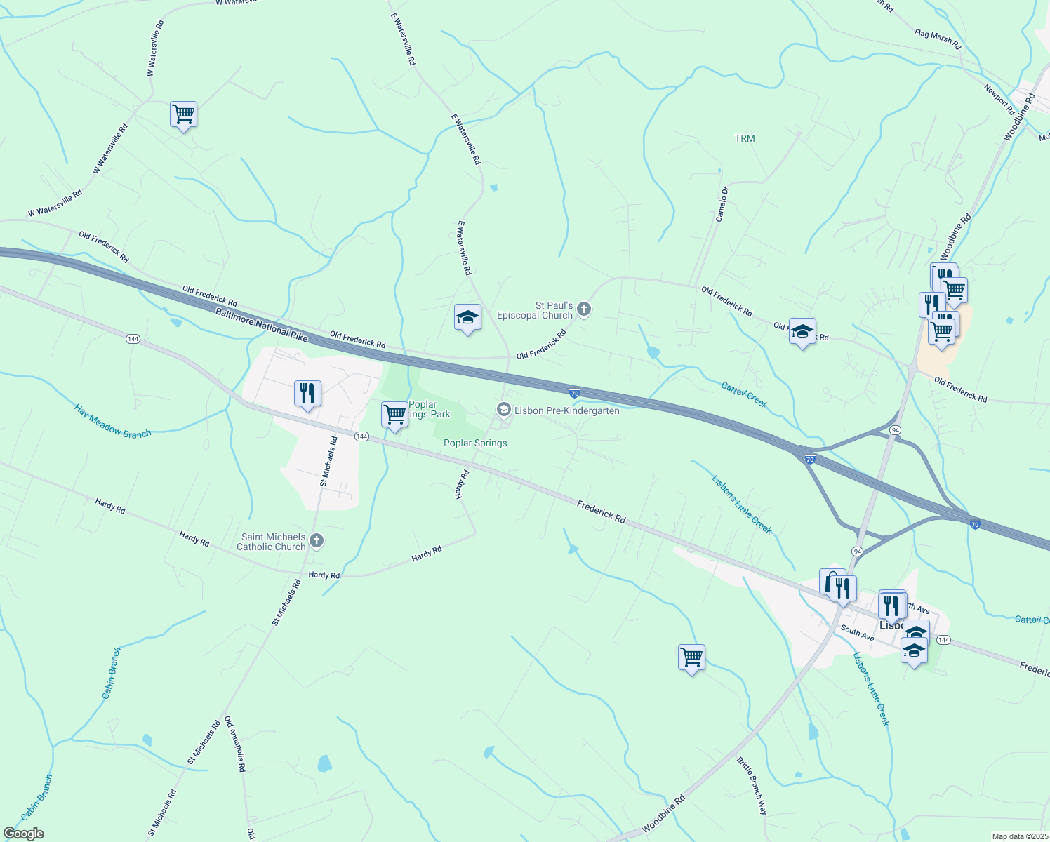 map of restaurants, bars, coffee shops, grocery stores, and more near 16619 Bahner Court in Mount Airy