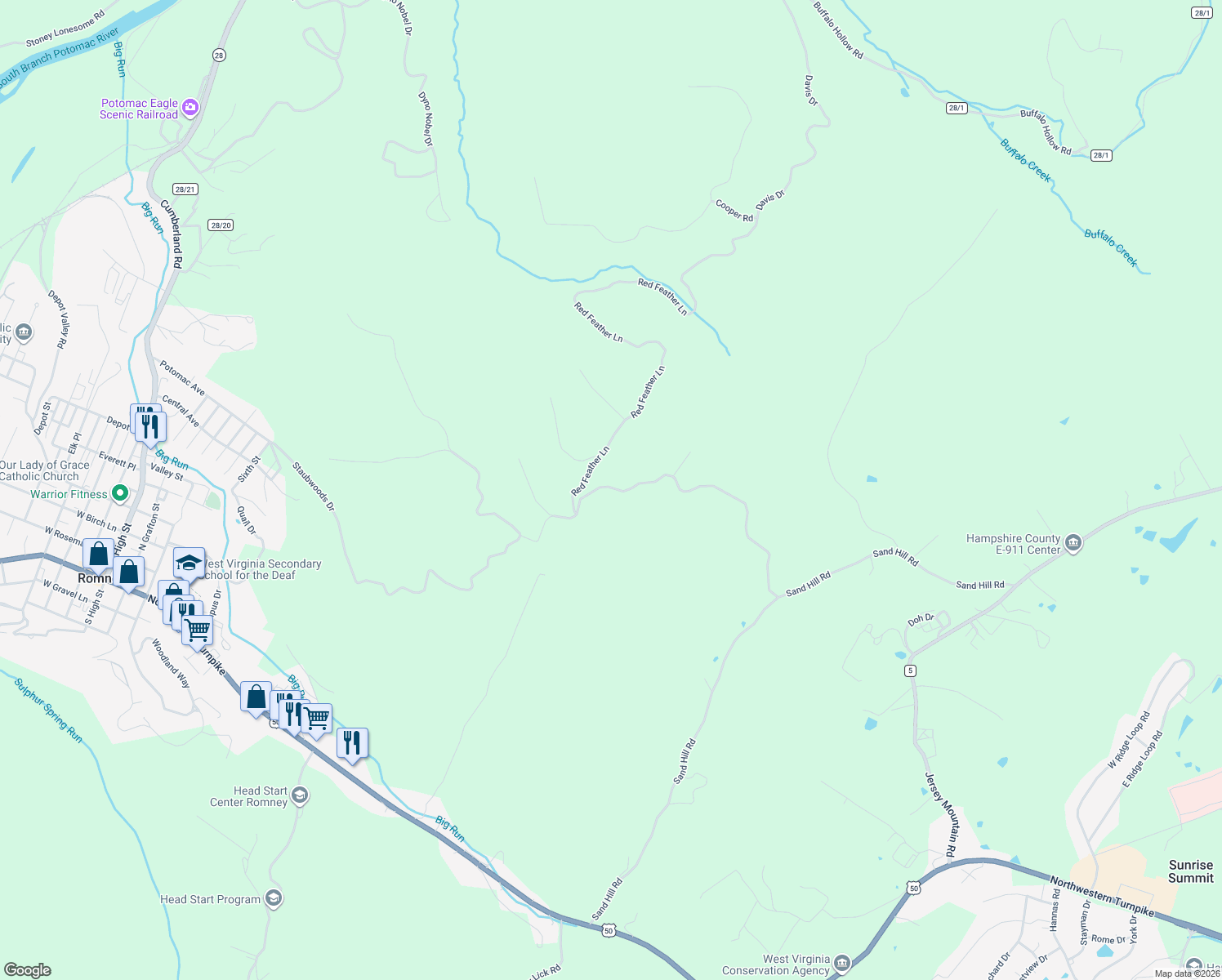 map of restaurants, bars, coffee shops, grocery stores, and more near 12 Songbird Drive in Romney